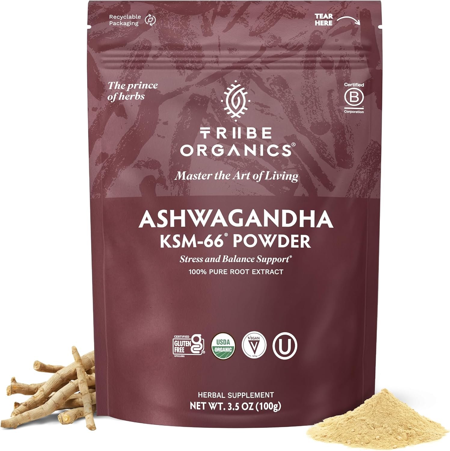 TRIBE ORGANICS KSM-66 Ashwagandha Root Extract Powder Ayurvedic Herb for Mood Support | Increase Energy | Strength – Organic | Natural | Gluten Free | Non GMO | Full-Spectrum – 100g Pouch