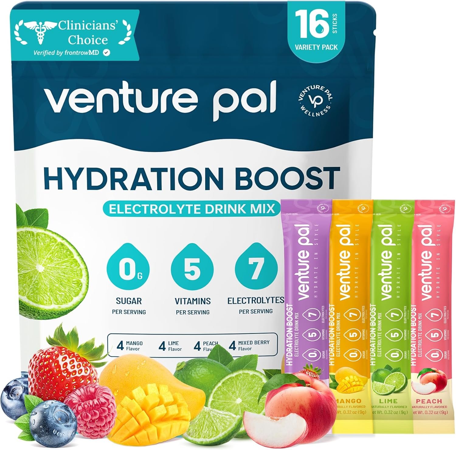 Venture Pal Sugar Free Electrolyte Powder Packets – Liquid Daily IV Hydration Packets | Electrolytes Drink Mix with 5 Vitamins & 7 Electrolytes | Keto Friendly | Non-GMO | Certified Vegan | 16 Sticks