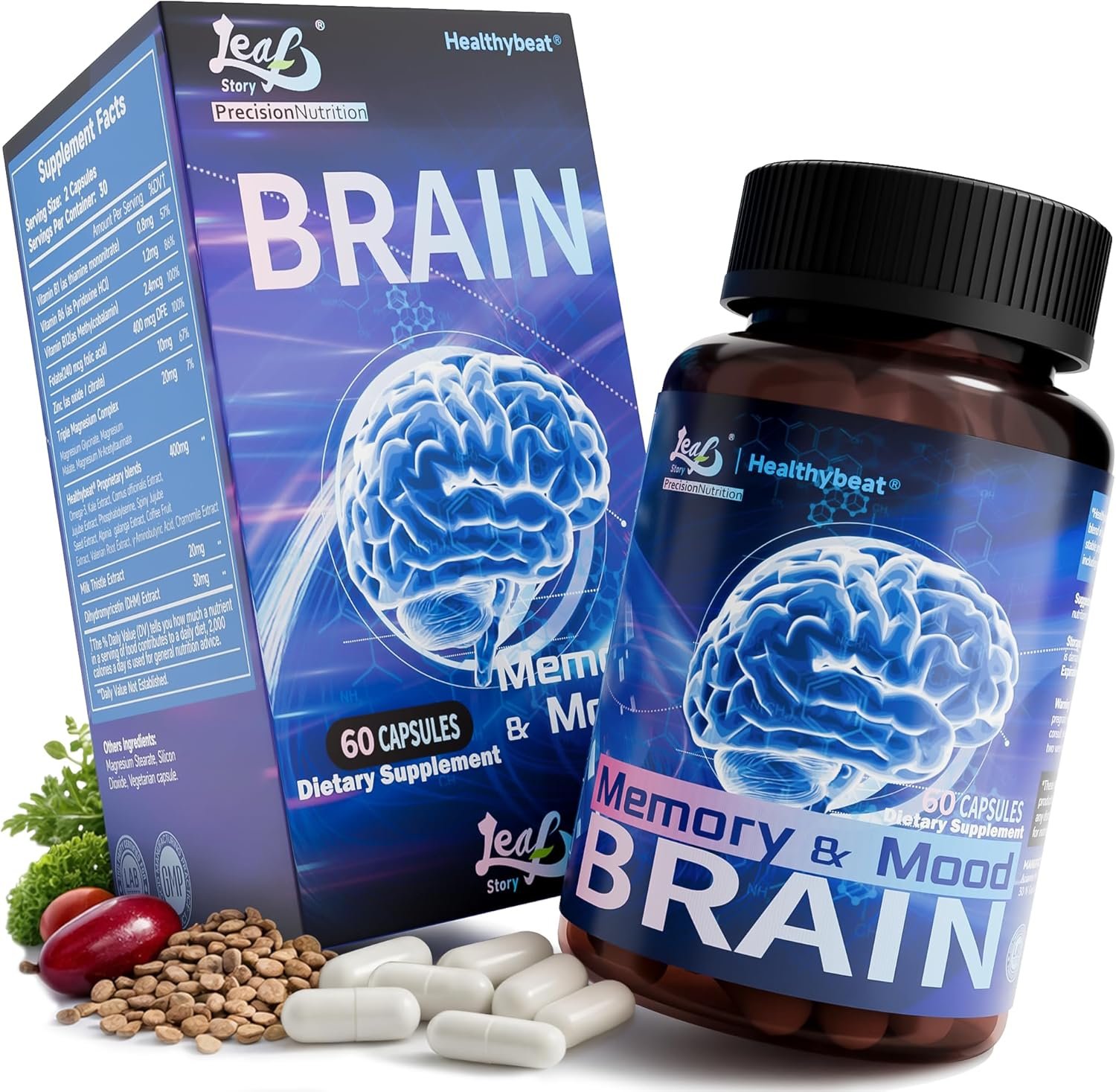 Nootropic Brain Supplements for Memory and Focus, Cognitive Function for Mental Health & Clarity, Vitamin B6 B12, Folate & Dihydromyricetin, 60 Capsules