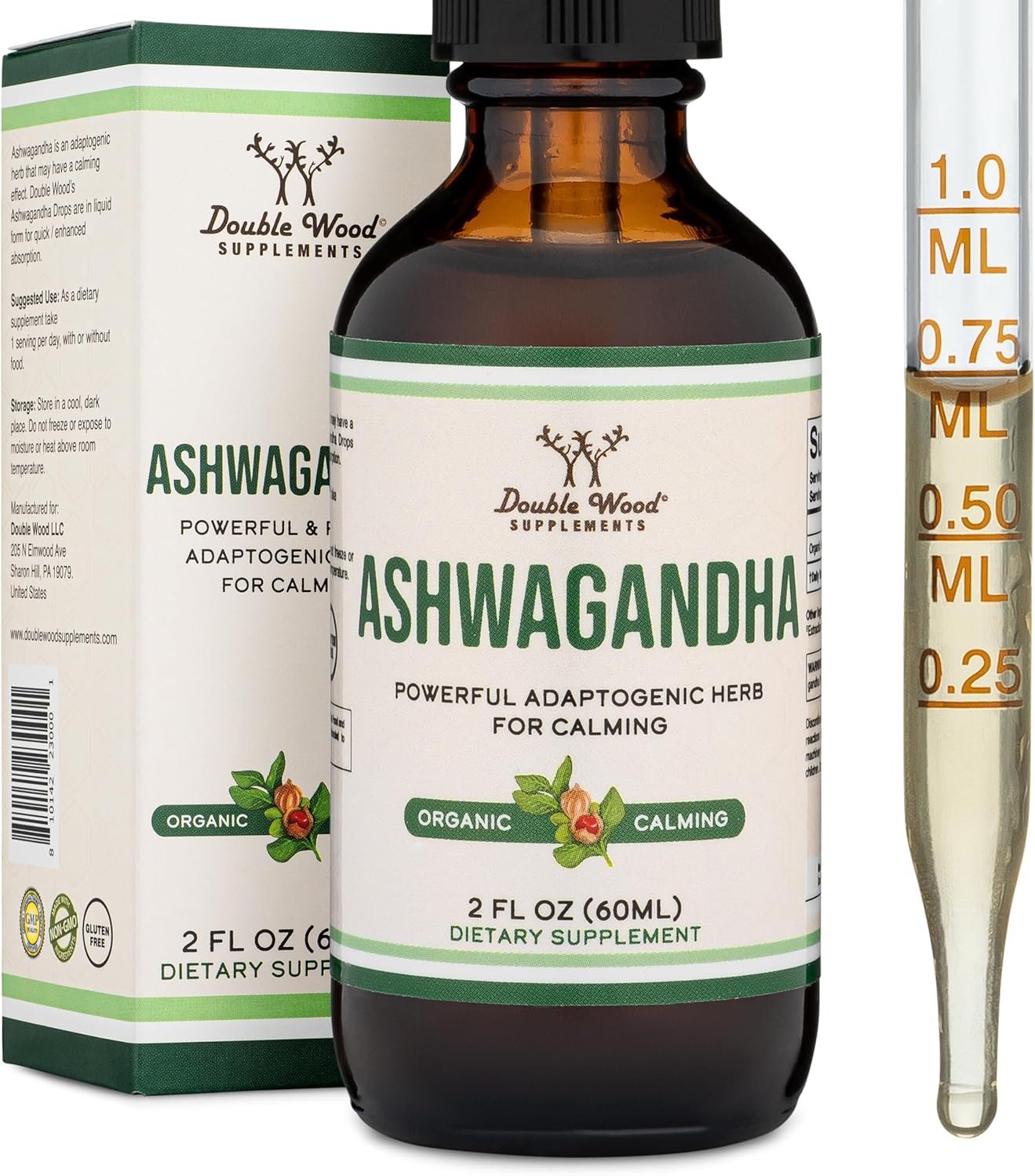 Ashwagandha Organic Drops for Stress Relief (1,200mg, 60 Servings) Ashwagandha Tincture for Adrenal Support and Cortisol Manager (Vegan Safe, Gluten Free, Non-GMO) by Double Wood