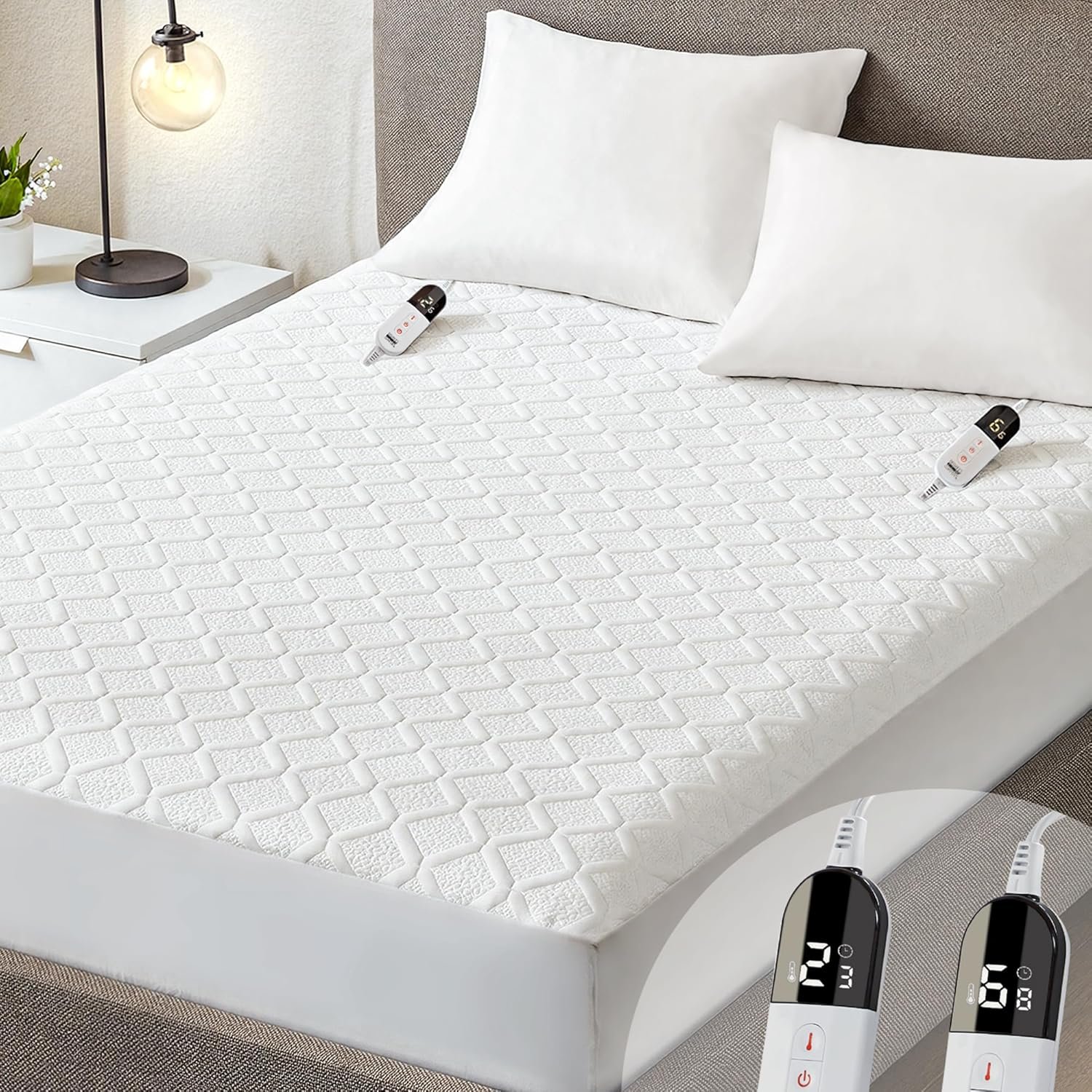 Heated Mattress Pad Queen Size with Dual Control, Electric Mattress Cover with 6 Heat Settings for Each Side, 1-10 Hour Independent Timer, 17″ Deep Pocket, Washable