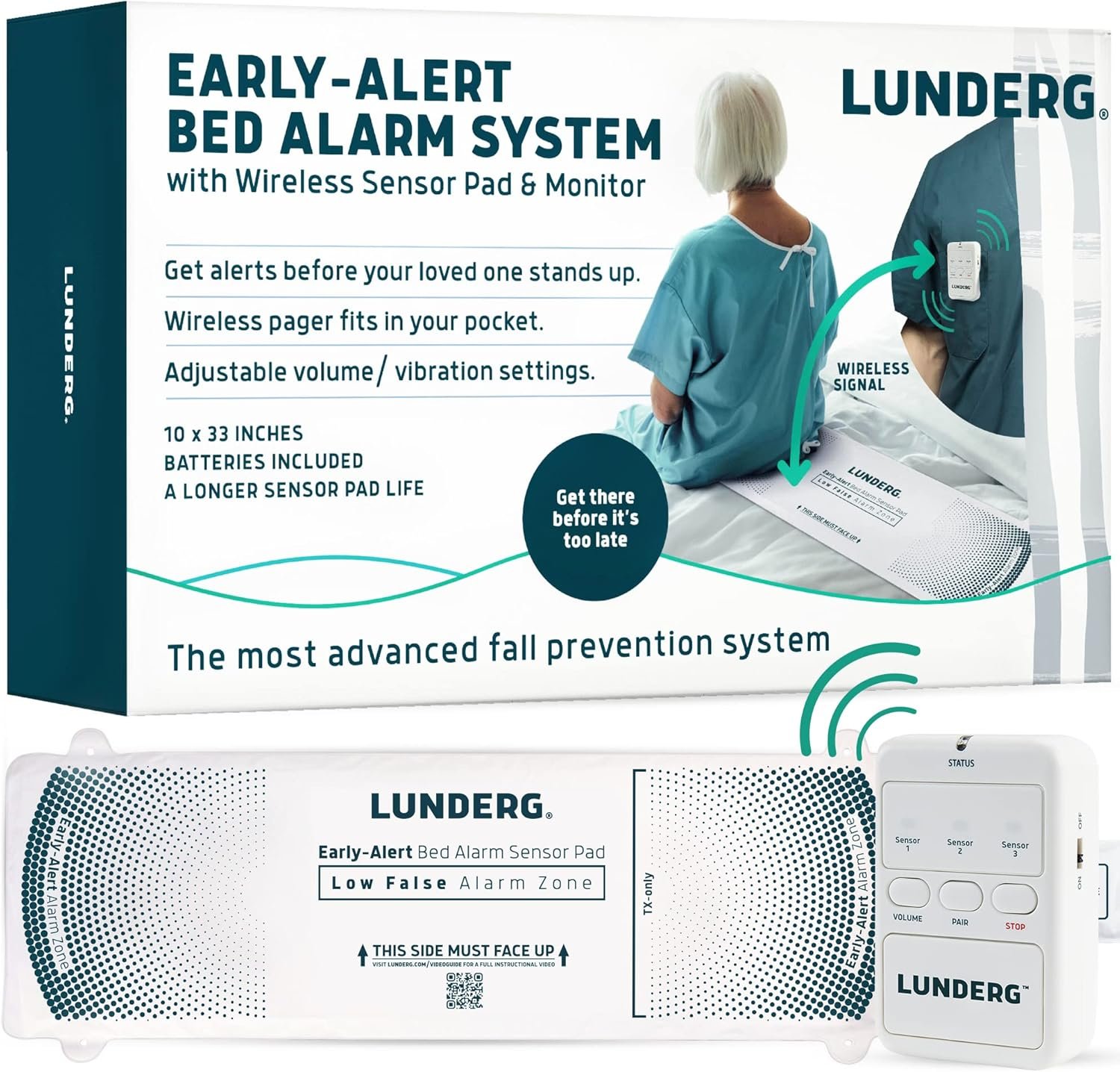 Lunderg Wireless Early Alert Bed Alarm System for Elderly – Alerts Caregivers Before They Get Up, No in-Room Alarm to Frighten Your Loved One, Fall Prevention for Dementia Care, Trusted US Company