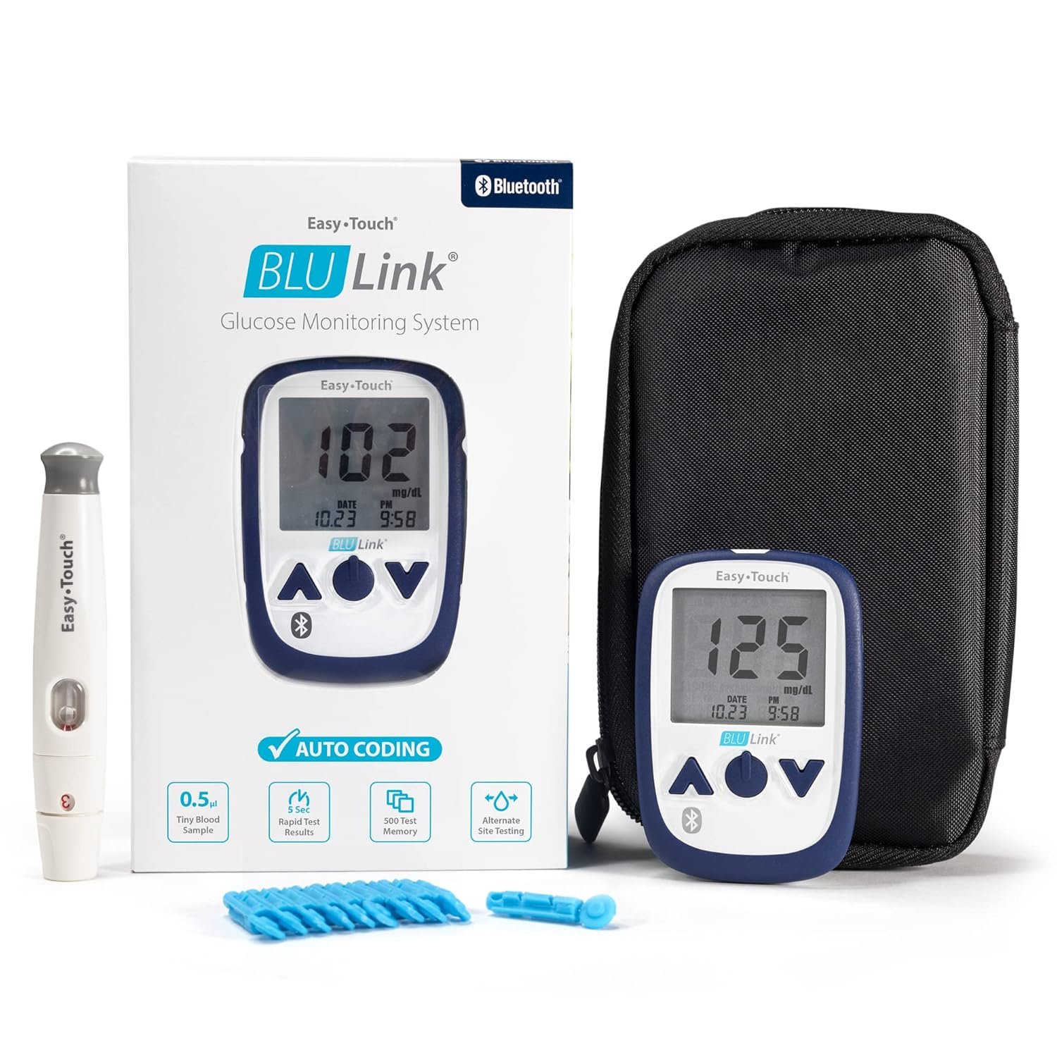 BluLink Bluetooth Blood Glucose Monitoring System by EasyTouch – Sync Results to Your Phone, Fast & Accurate Testing, Includes Meter, Lancing Device & 10 Lancets (Test Strips Sold Separately)
