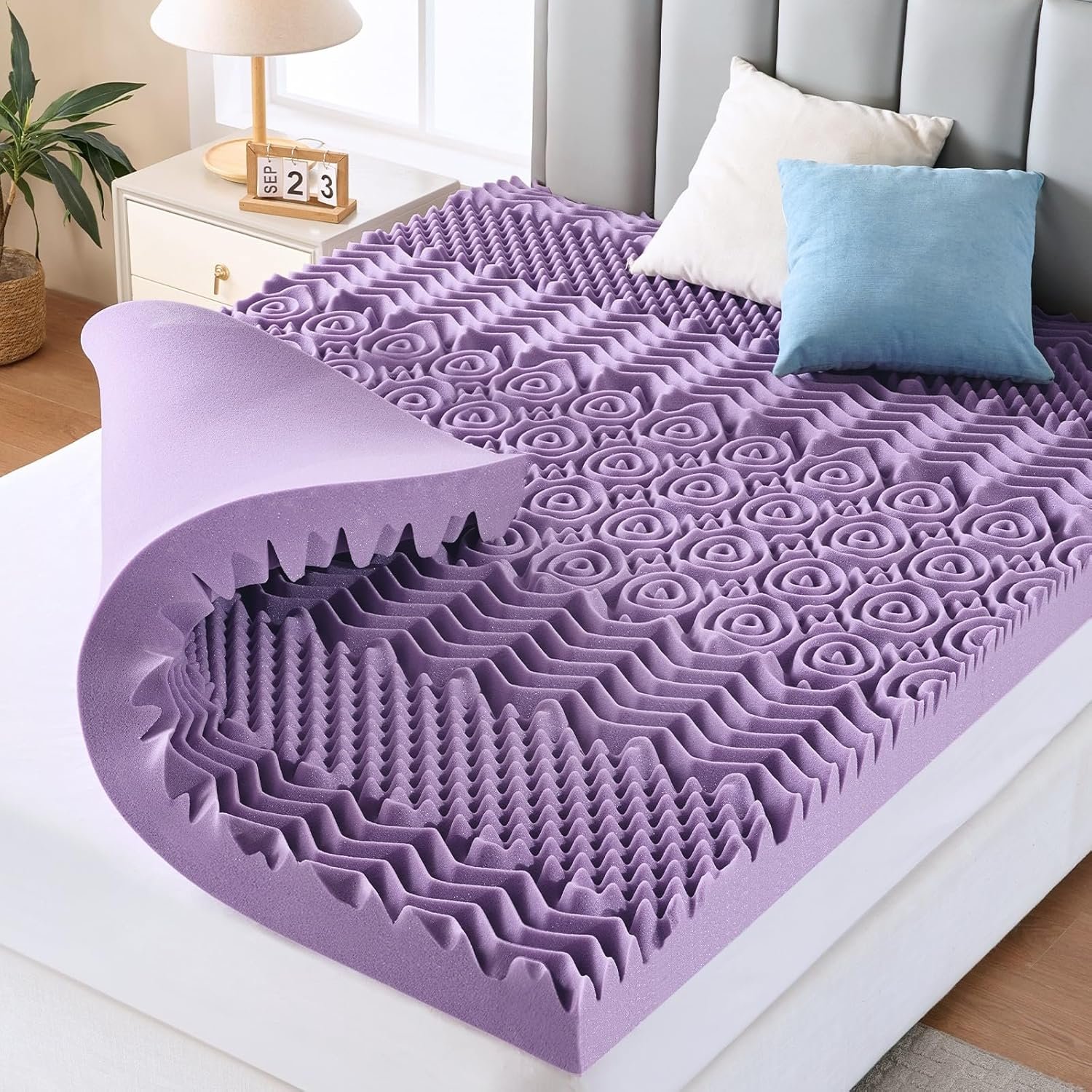 MUXHOMO 3 Inch 7-Zone Queen Mattress Topper, Egg Crate Memory Foam Mattress Topper Queen Size for Back Pain, Lavender Cooling Gel Infused Bed Pad, CertiPUR-US and Oeko-TEX Certification (60″×80″)