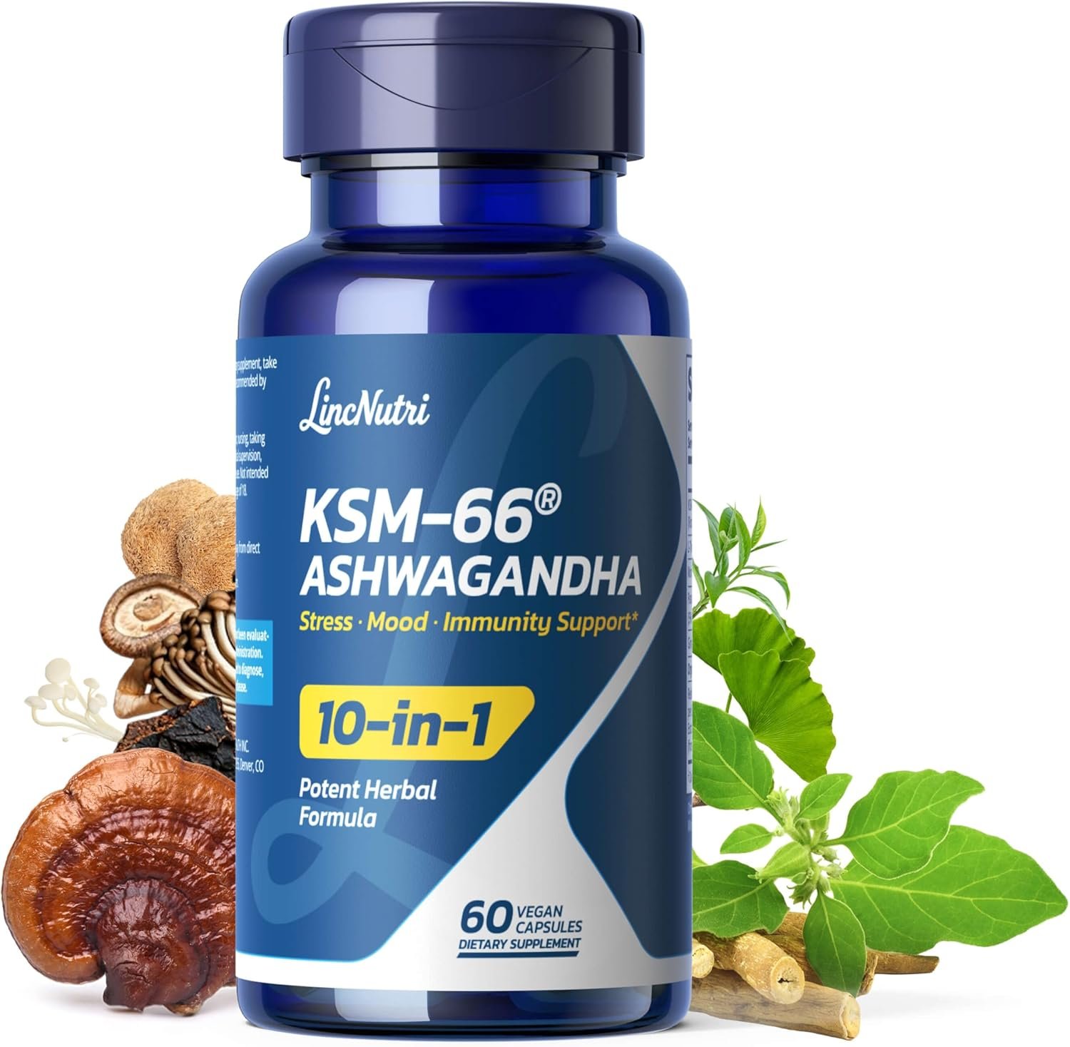 KSM-66 Ashwagandha Supplements, Ashwagandha Root Extract for Women & Men, 10-in-1 Adaptogen Complex for Cortisol Manager, Stress, Energy & Immune Support, 60 Vegan Capsules
