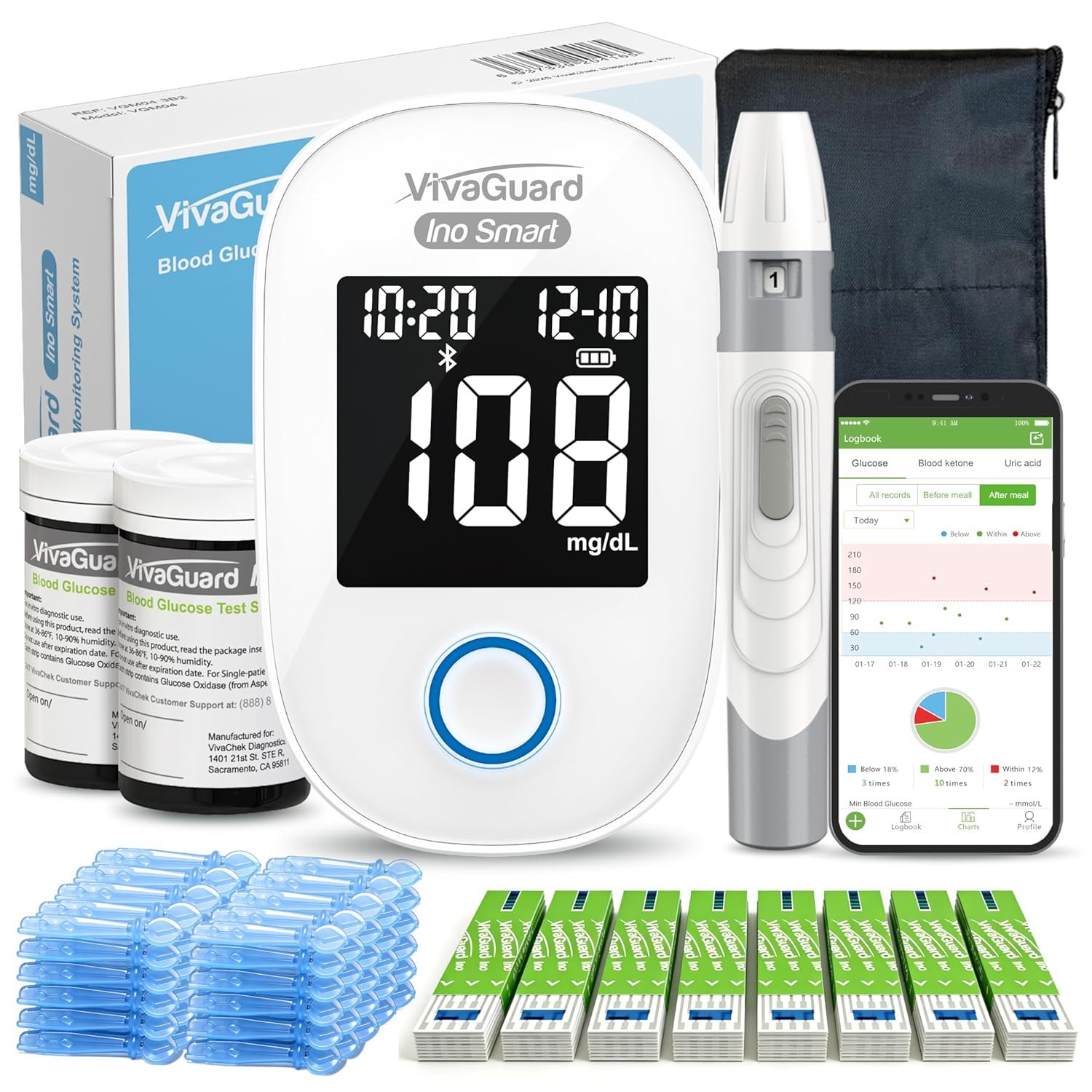 VivaGuard Ino Smart Bluetooth Blood Glucose Monitor Kit with Free App, Rechargeable Backlit Display Blood Sugar Meter with 100 Strips & 100 Lancets, Portable Diabetes Testing Kit for Travel, No Coding