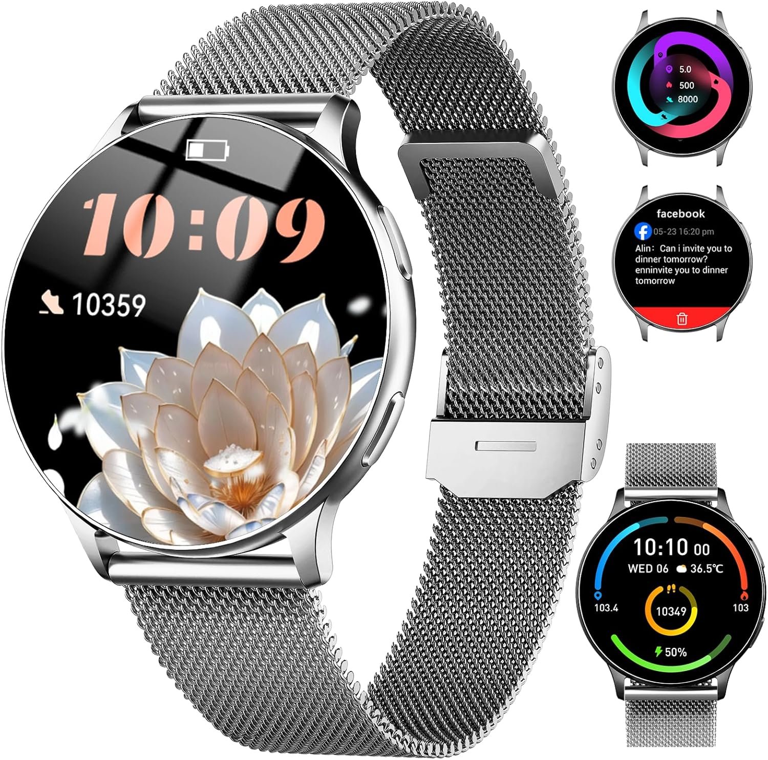 Jugeman Smart Watch for Women, Womens Watch with 24/7 Health Tracking, Bluetooth Calls, Step Heart Rate Sleep Monitor, IP68 Waterproof Wrist Smartwatch for Work Sports, Gift for Women (Silver)