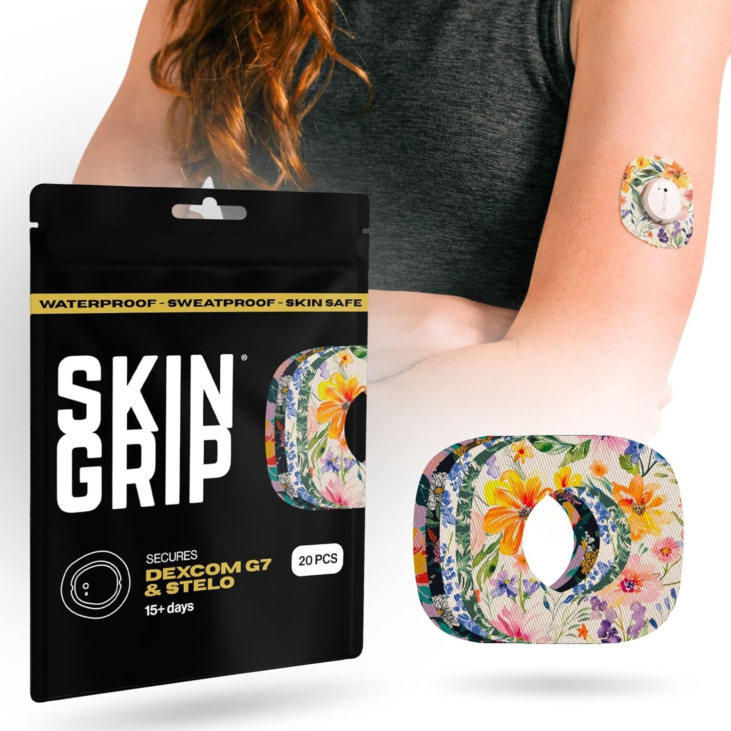 Skin Grip Adhesive Patches for Dexcom G7 & Stelo CGM with Cutout – Waterproof & Sweatproof Cover for Continuous Glucose Monitor Sensor, Stays Secure for 10-15 Days – 10 Patches, Floral