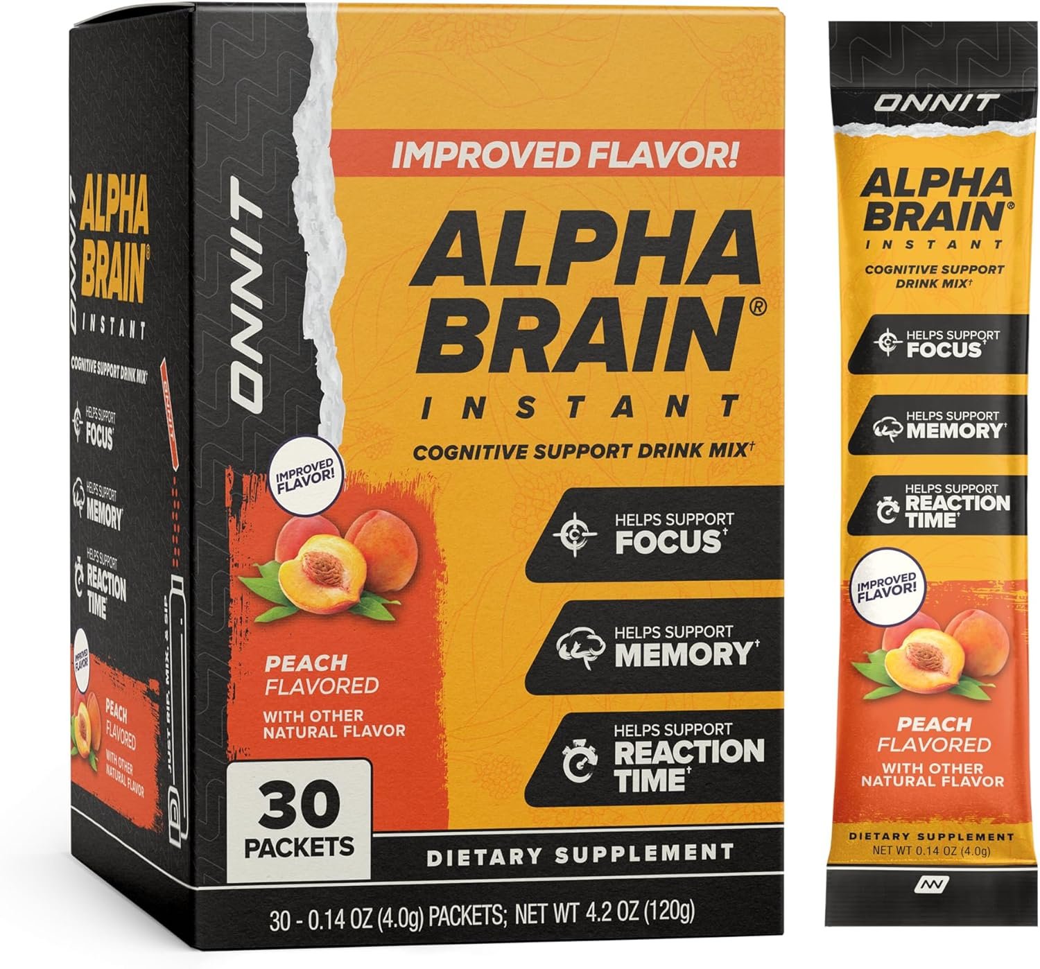 ONNIT Alpha Brain Instant Cognitive Support Drink Mix, Nootropic Supplement for Focus, Memory and Clarity, Peach Flavor, 0.13 oz Packets, 30 Count