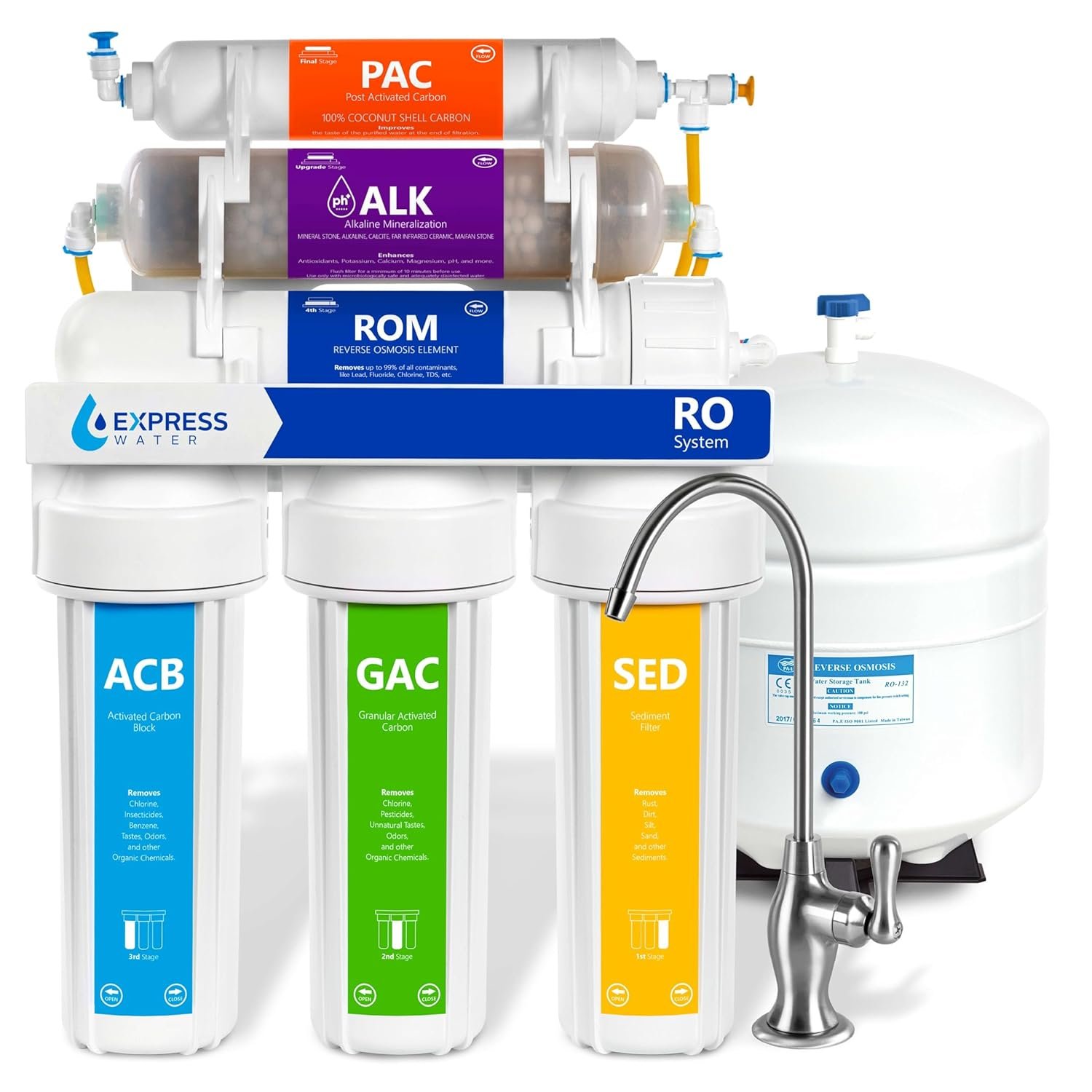 Express Water ROALK10D 10-Stage Alkaline Under Sink Reverse Osmosis Water Filter System, NSF Certified 372, 100 GPD, Reduces 99% of Impurities, BPA Free, Deluxe Chrome Faucet