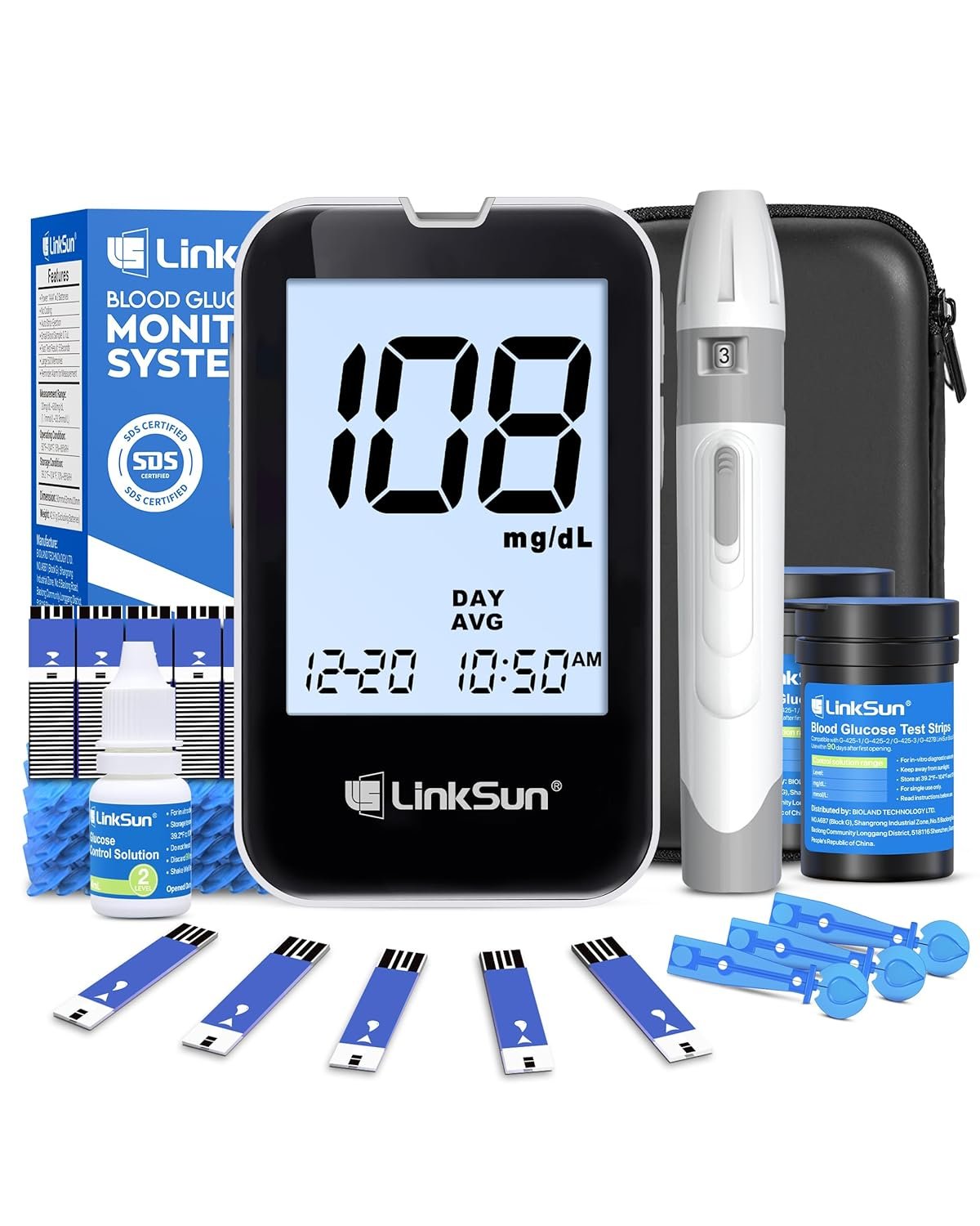 LinkSun G-425-2V Blood Glucose Monitor Kit, 100 Test Strips, 100 Lancets, High Accuracy Blood Sugar Monitor, Lancing Device, Control Solution & Travel Diabetic Organizer Bag, Large Display, No Coding