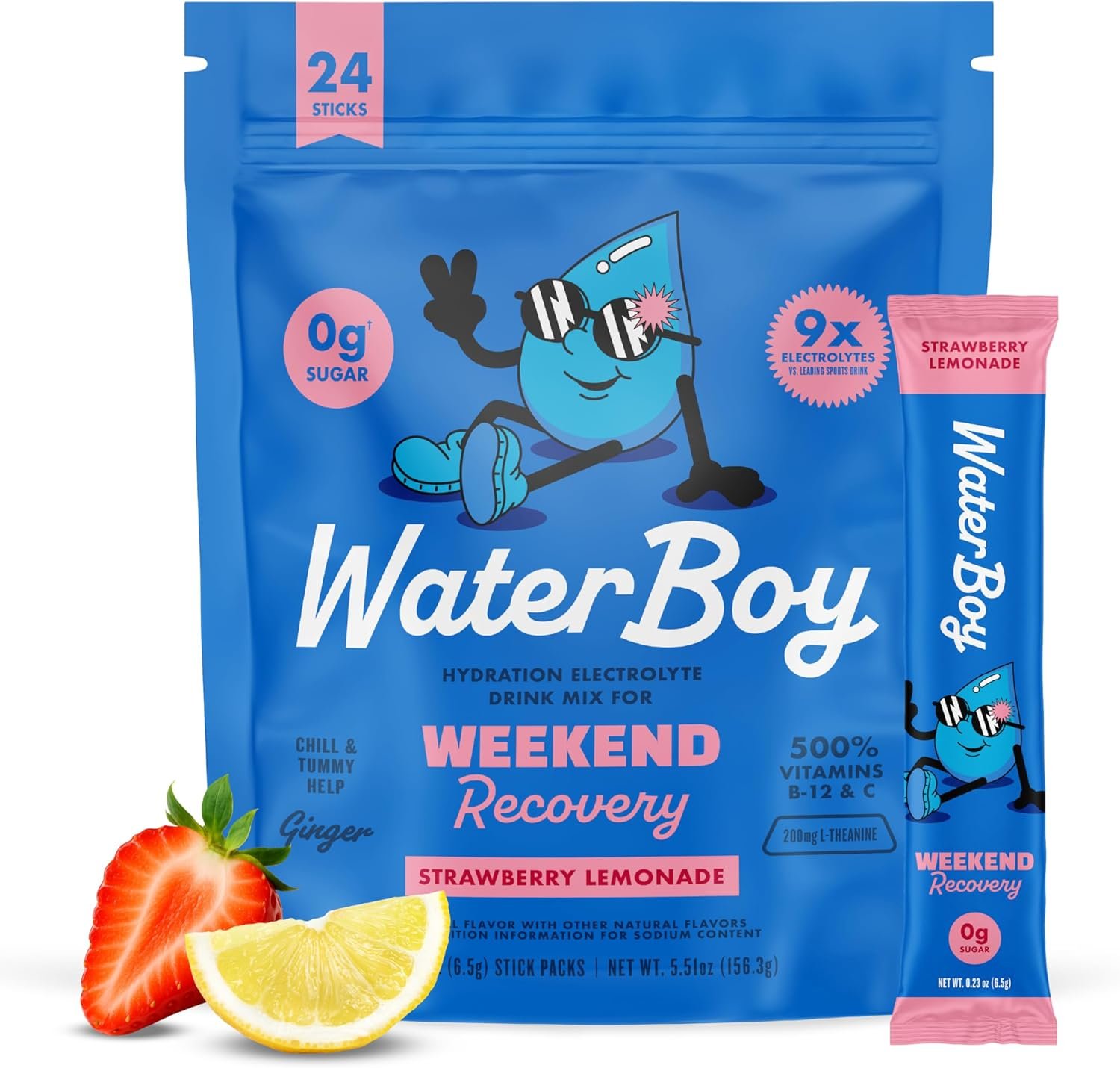 Waterboy Weekend Recovery | 3,200mg Electrolyte Powder Packets | Ginger + L-Theanine + Vitamins | No Sugar, All Natural, Gluten Free | 24 Drink Stick Mixes (Strawberry Lemonade)