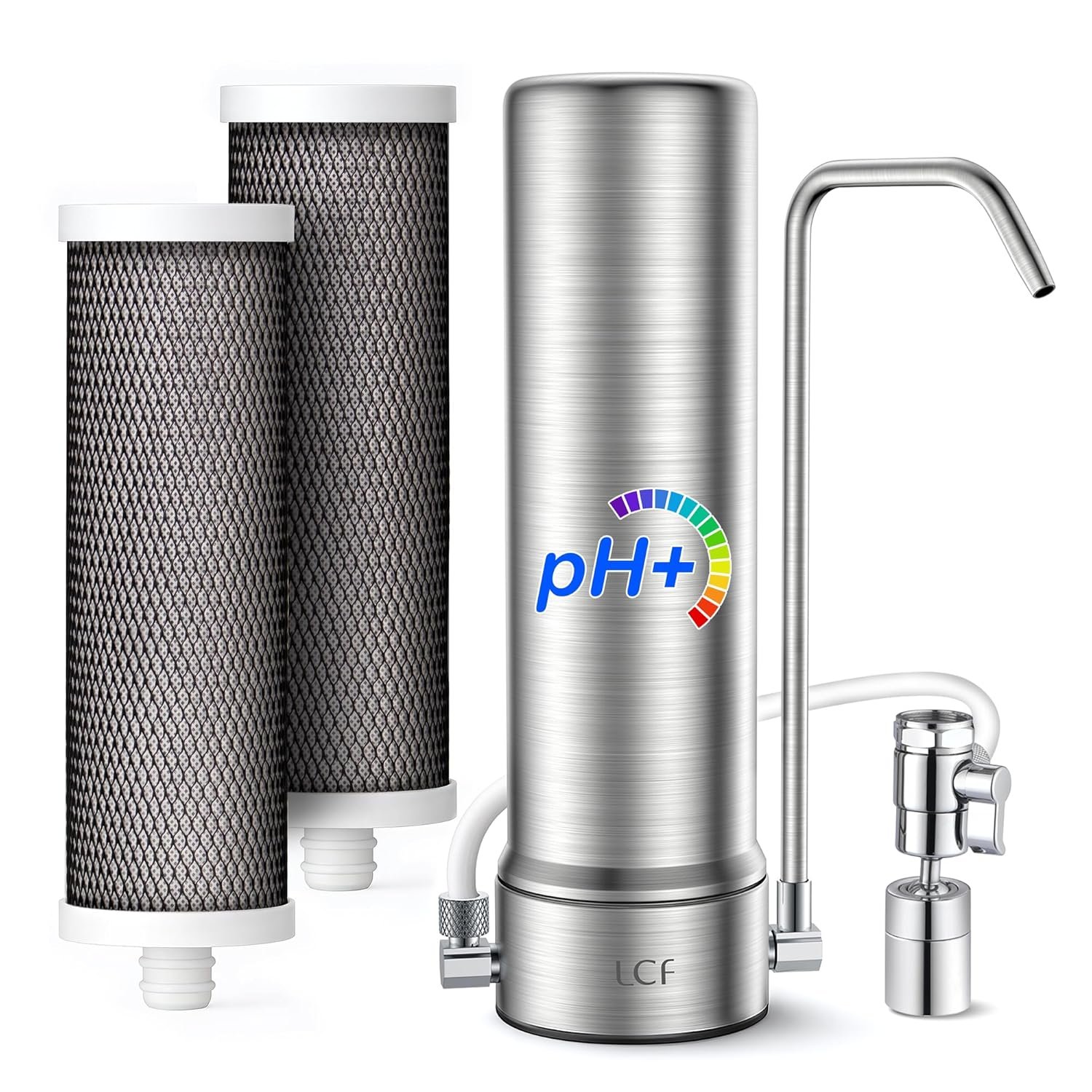 LCF Alkaline Countertop Water Filter, 𝐒𝐢𝐥𝐯𝐞𝐫 𝐈𝐨𝐧𝐬 Enhanced 6-Stage Stainless Steel Water Filter for Sink Faucet, Reduces Heavy Metals, Bad Taste & 99% Chlorine, 16,000 Gallons(2 Filters)