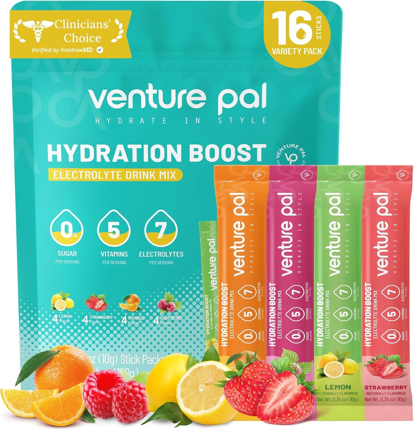 Venture Pal Sugar Free Electrolytes Powder Packets – Liquid Daily IV Hydration Packets | Instantly Hydrating & Party Recovery | 5 Vitamins & 7 Electrolytes | Certified Vegan, Keto, Non-GMO | 16 Sticks