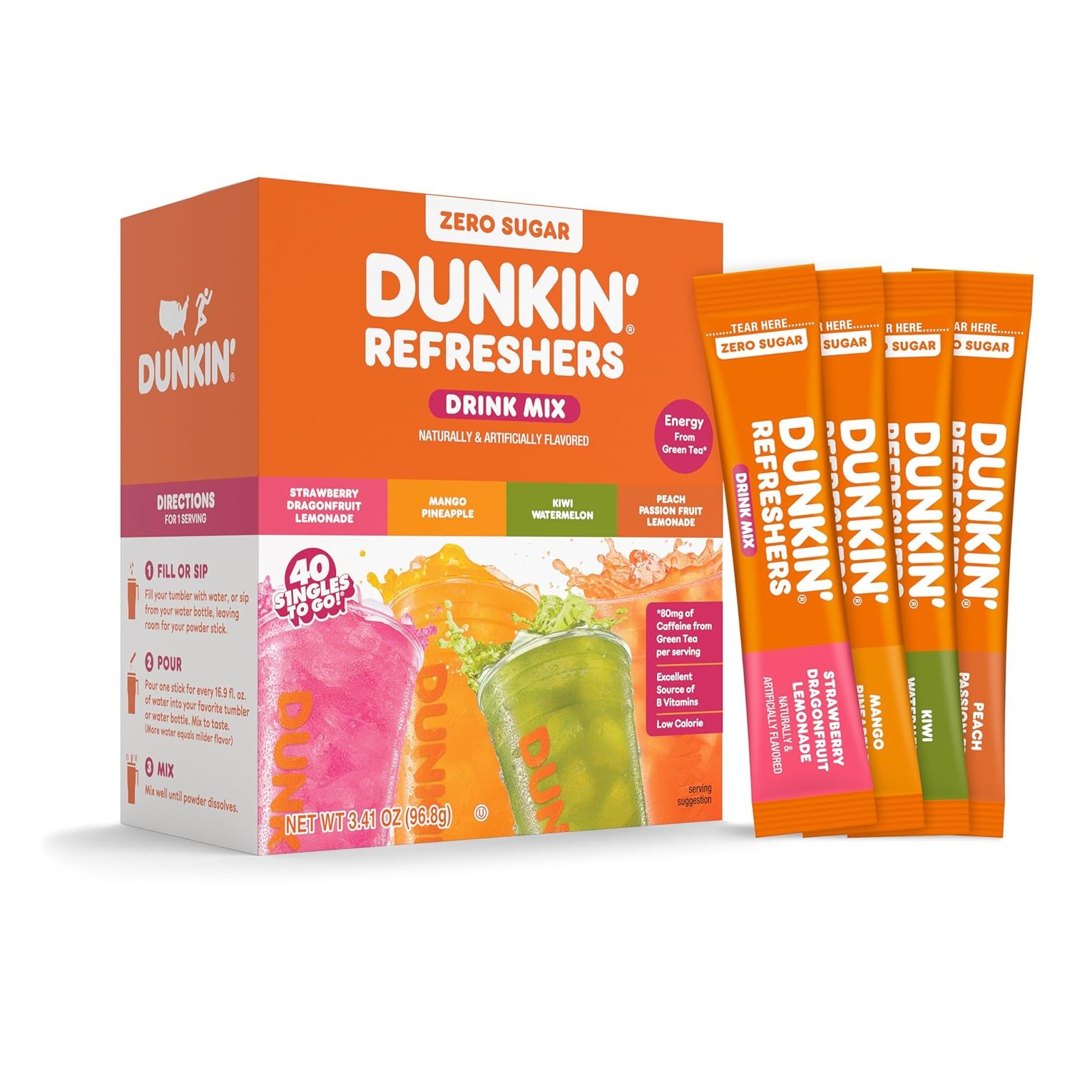 Dunkin’ Refreshers Singles To Go! Zero Sugar Powdered Drink Mix, 40 Ct Variety Pack, Energy from Green Tea, Aspartame-Free, No Synthetic Colors, 40 Single-Serve Packets, Just Add Water