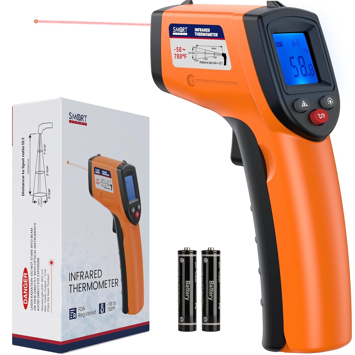 SMART JERRY – Infrared Thermometer Gun | Non-Contact Digital Temperature Gun with -58°F to 788°F Range for Cooking, HVAC | Industrial & Home Use | Instant-Read with Backlit Display
