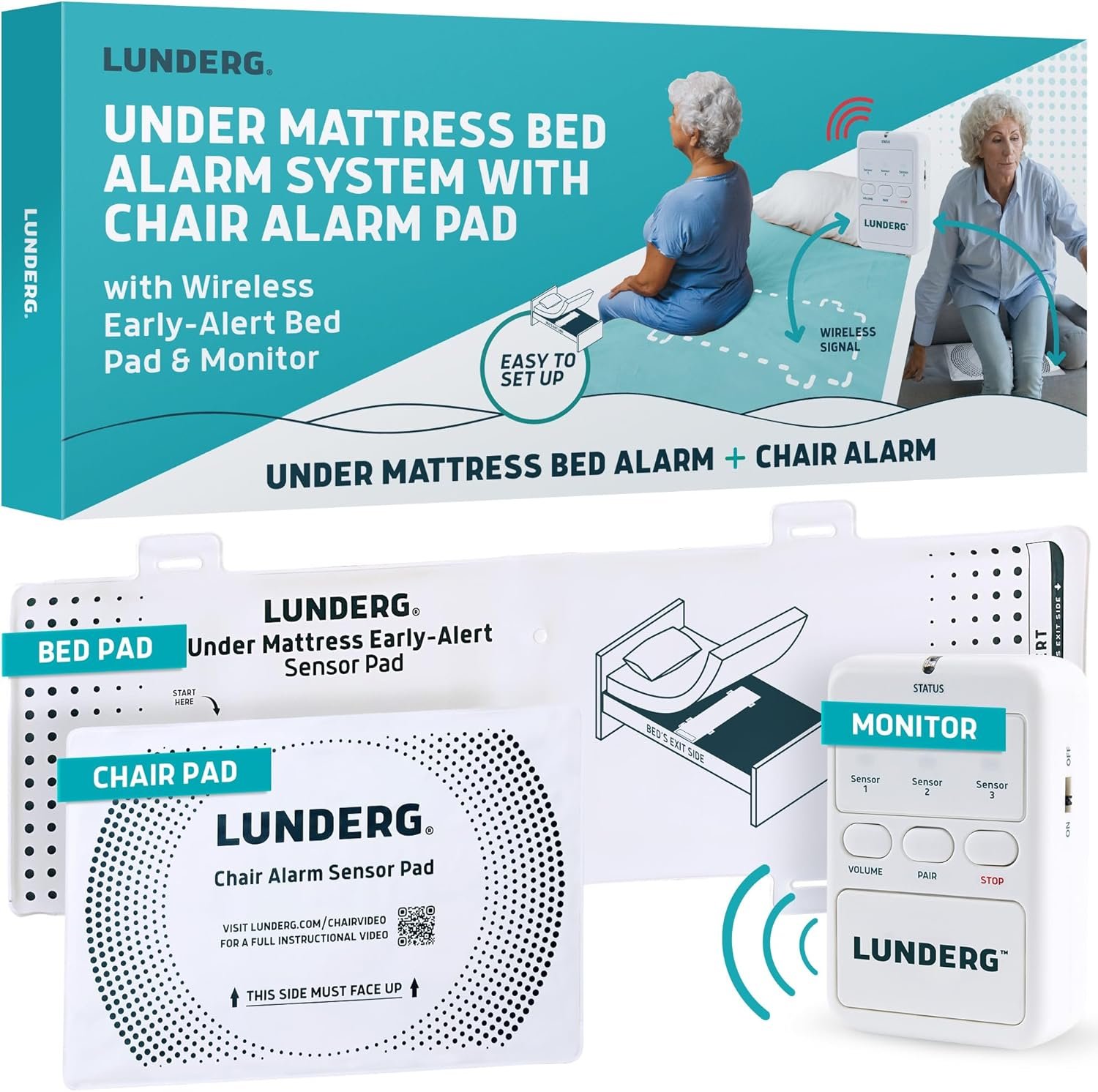 Lunderg Under Mattress Bed Alarm for Elderly Adults & Chair Alarm Set – Wireless Early-Alert Mattress Pad, Chair Pad & Pager – Bed Alarms and Fall Prevention for Elderly and Dementia Patients