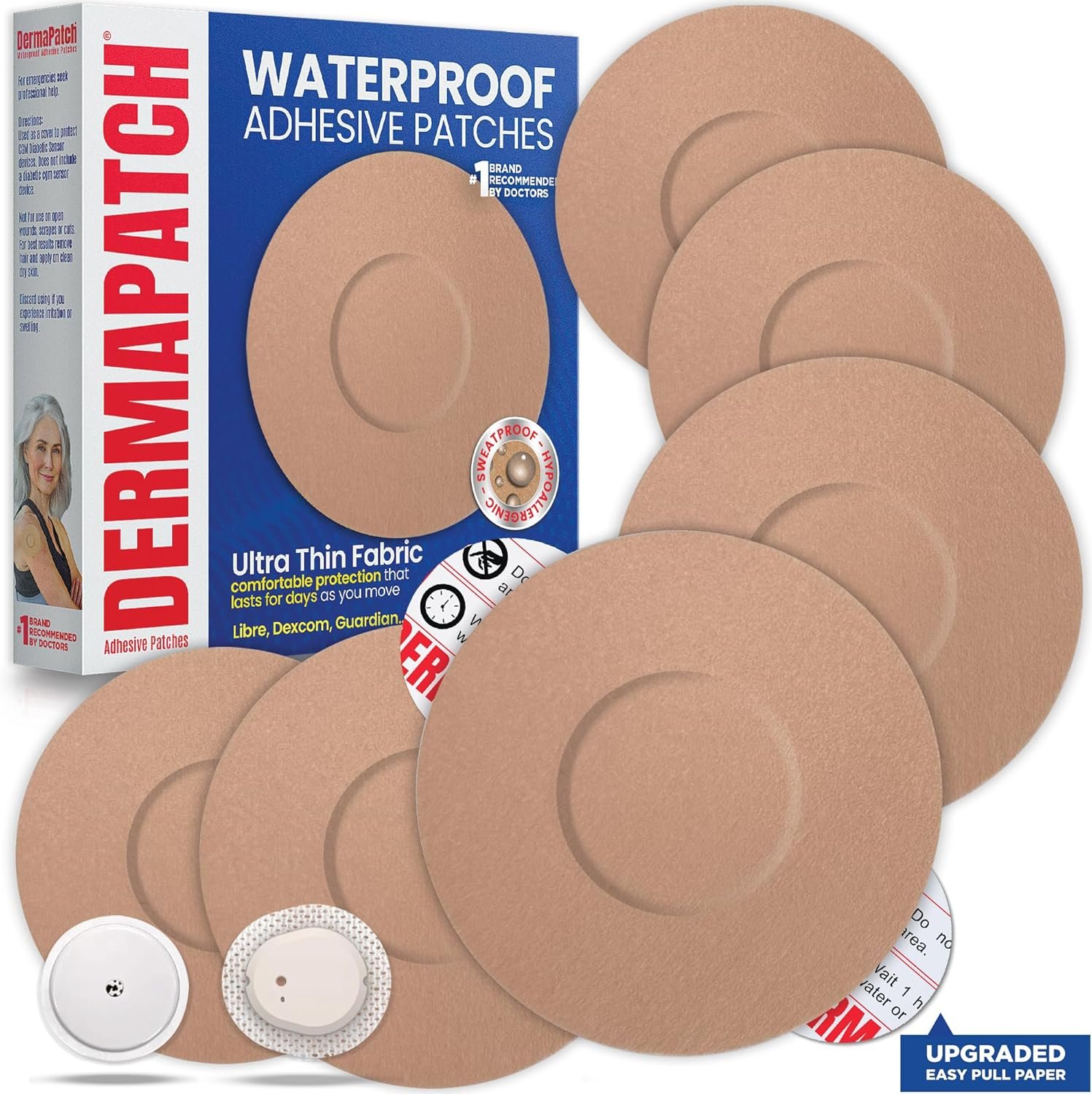 25-Pack CGM Adhesive Patches to Secure CGM Sensor, Waterproof and Latex Free CGM Sensor Patches for 7 Days,Pre-Cut Adhesive Tape, Continuous Glucose Monitor Protection Cover, No Glue in Middle (Tan)