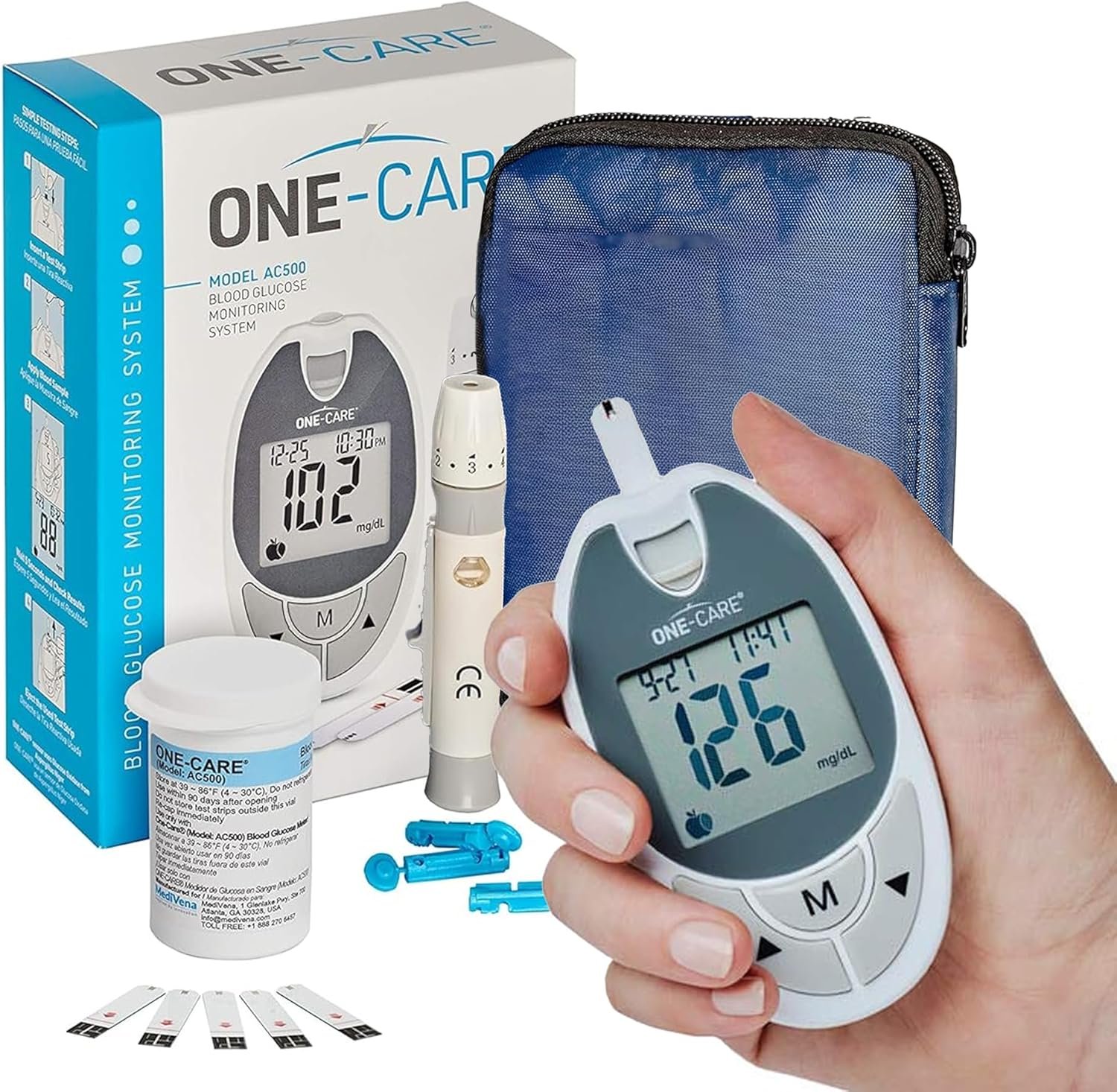ONE-CARE Glucose Monitoring System with Glucometer, 10 Test Strips, Lancing Device, 10 Lancets, and Carrying Case -Blood Sugar Testing Kit for Diabetes Patients, Complete Diabetic Self-Testing Kit with Meter, Strips, and Lancets for fingerprick and capillary blood testing