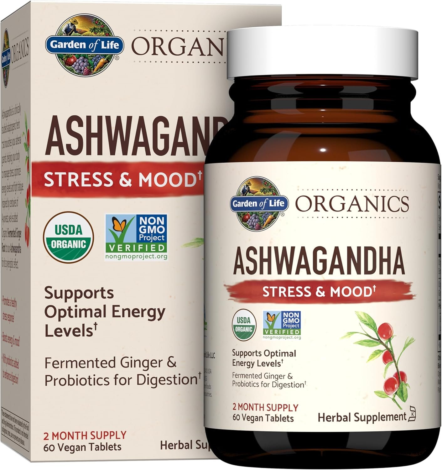 Garden of Life Organic Ashwagandha Supplement with Probiotics & Ginger – Stress, Mood & Energy Support, Vegan, Gluten Free, Non GMO, 2 Month Supply, 60 Tablets