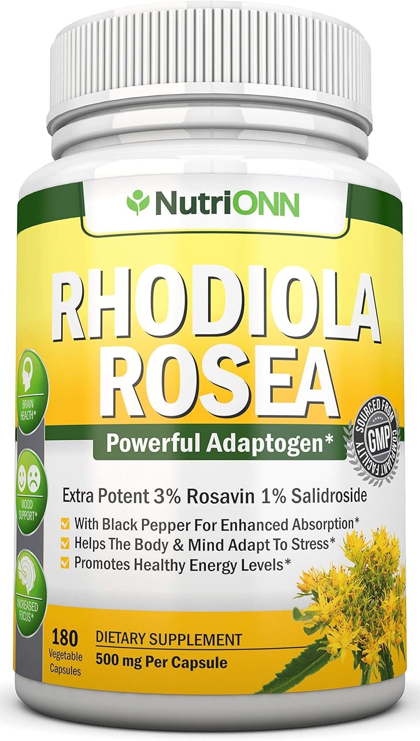 NutriONN Rhodiola Rosea – 500mg – 180 Vegan Capsules – 3% Rosavin 1% Salidroside Extract – Non-GMO – with Black Pepper for Enhanced Absorption – 6 Month Supply – Supplement for Energy & Stamina