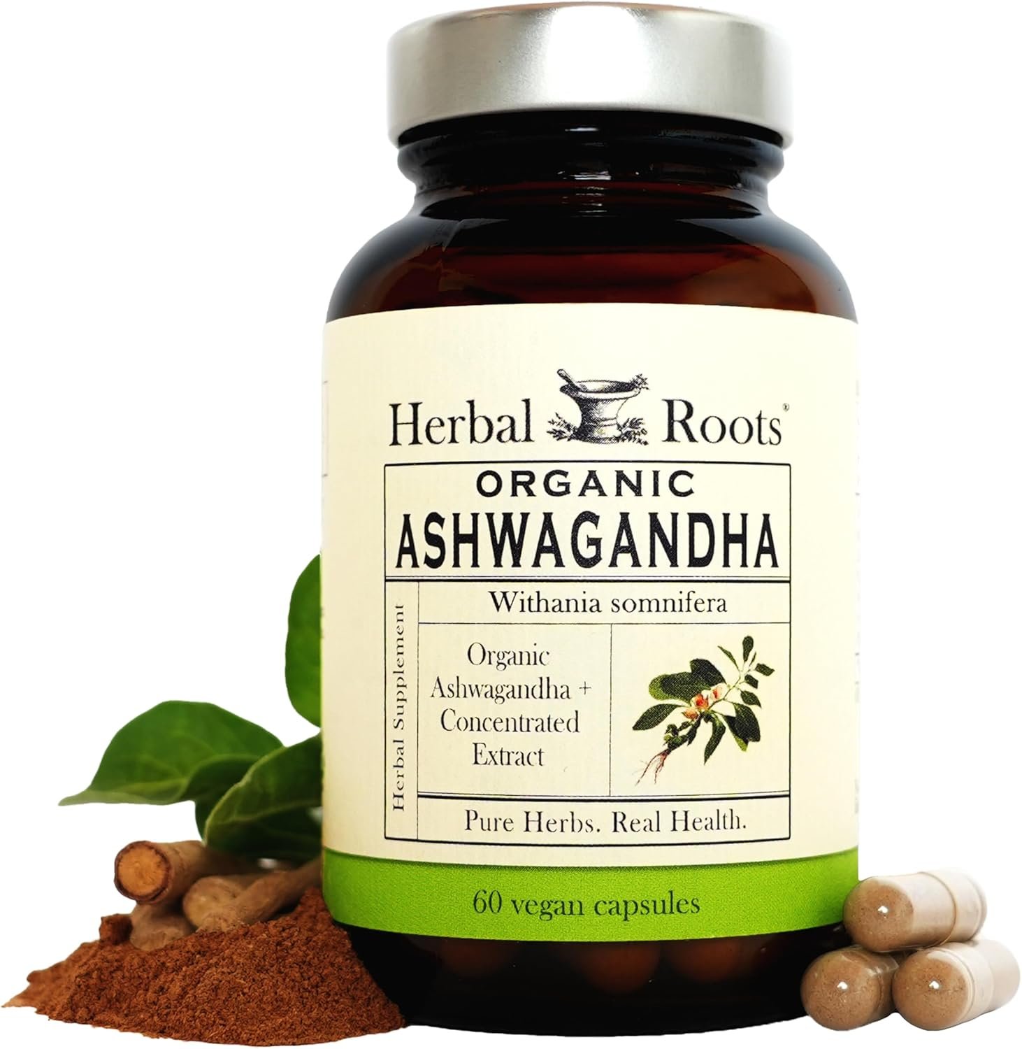 Herbal Roots Ashwagandha Capsules | Extra Strength 1,000mg per Serving | Ayurvedic for Overall Health for Men and Women | 60 Vegan Capsules