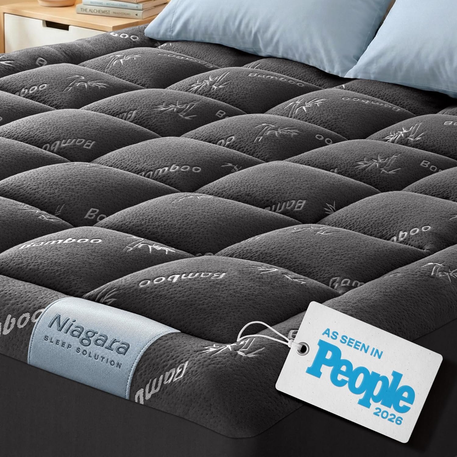 Niagara Sleep Solution Ultra Soft Queen Size Mattress Topper – Rayon Derived from Bamboo Pillow Top Mattress Pad for Back Pain Relief – Naturally Cooling for Hot Sleepers, Dark Gray