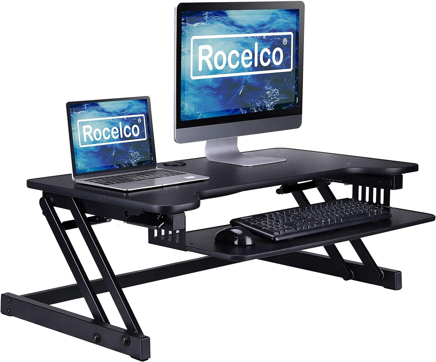 Rocelco 37.5″ Deluxe Height Adjustable Standing Desk Converter – Quick Sit Stand Up Dual Monitor Riser – Gas Spring Assist Computer Workstation – Large Retractable Keyboard Tray – Black (R DADRB)