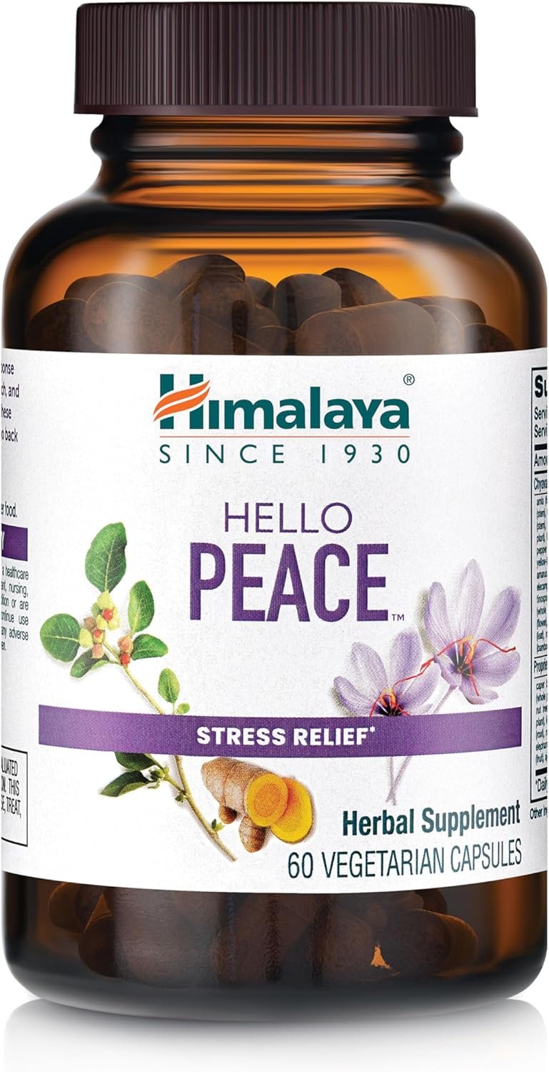 Himalaya Hello Peace – Herbal Stress Relief Supplement with Ashwagandha and Turmeric for Normal Cortisol and Adrenal Support – Vegan, Non-GMO, Gluten Free, 60 Capsules