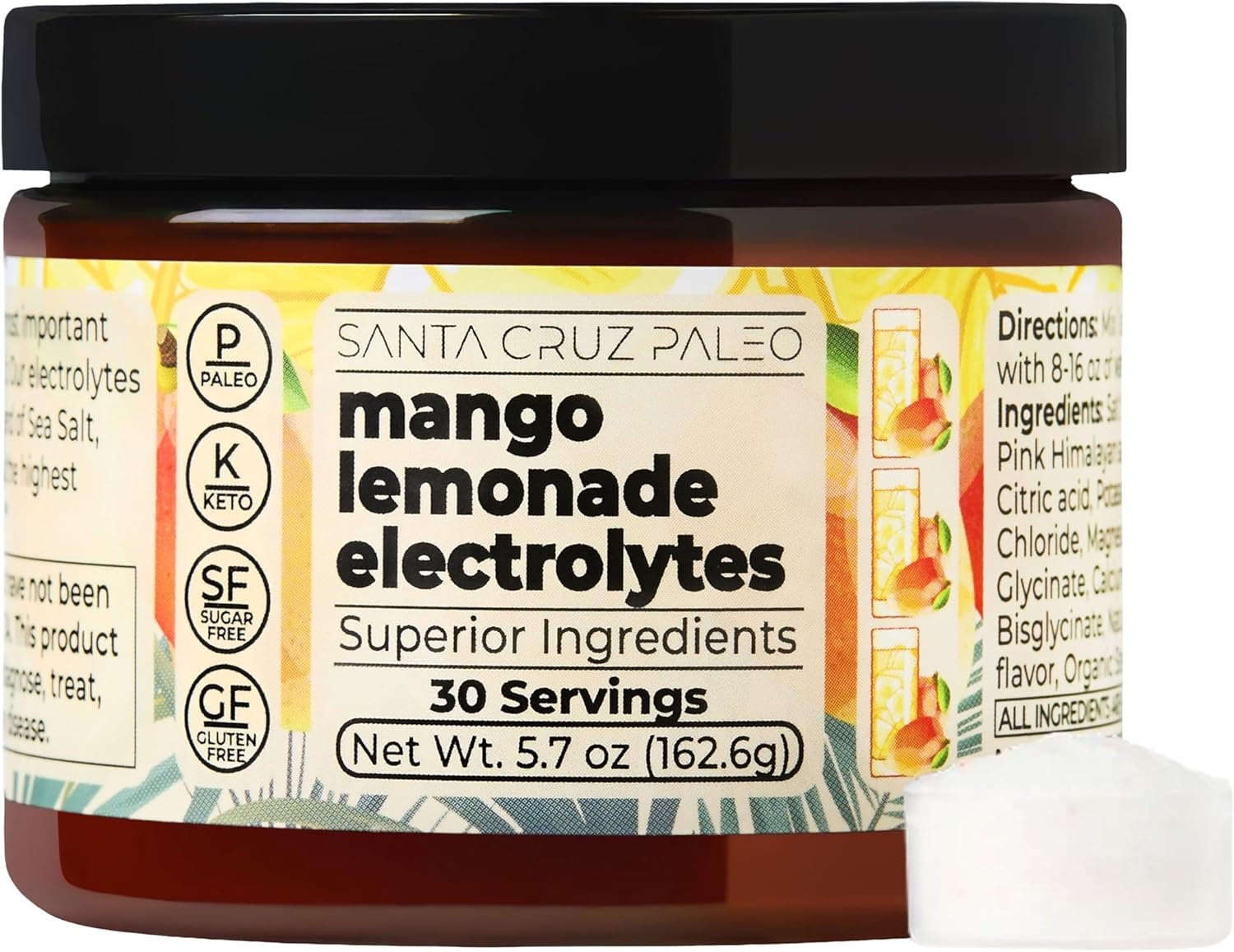 Santa Cruz Paleo Electrolyte Powder, Mango Lemonade, Sugar Free Hydration Drink Mix with Himalayan Pink Salt, Sea Salt, Magnesium Glycinate, Potassium Chloride, Sweetened with Stevia, 30 Servings