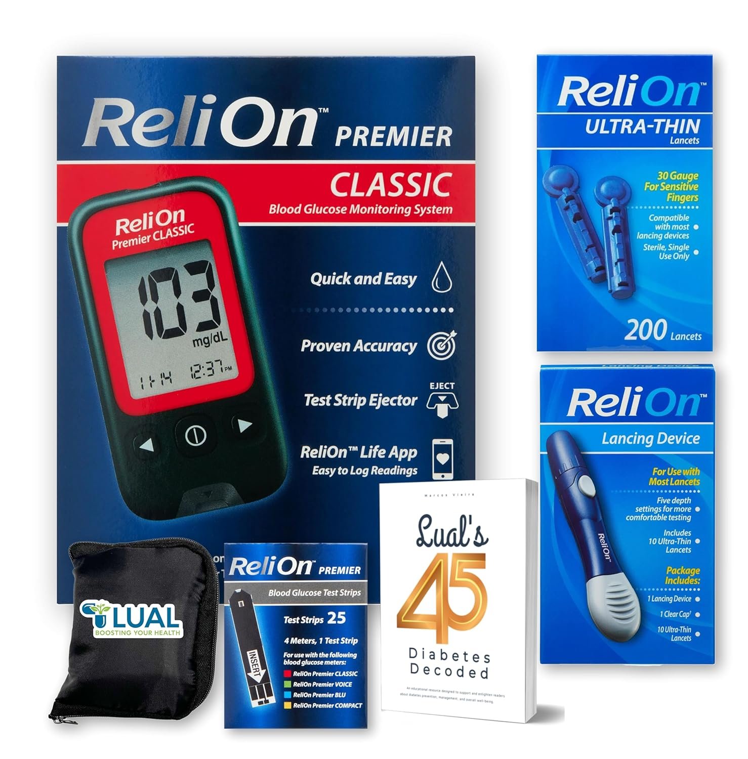 Premier Glucose Monitor Starter Kit with Strips, Lancets & Lancing. Full Diabetes Testing Bundle with Luall’s 45 Diabetes Decoded