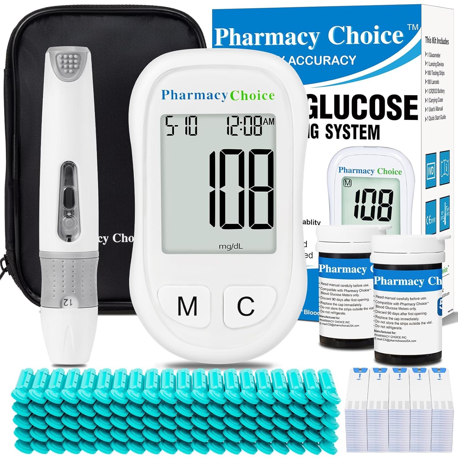 Blood Glucose Monitor Kit, 100 Glucometer Strips，1 Blood Glucose Meter, 1 Lancing Device, Diabetes Testing Kit，Glucometer for Home Use