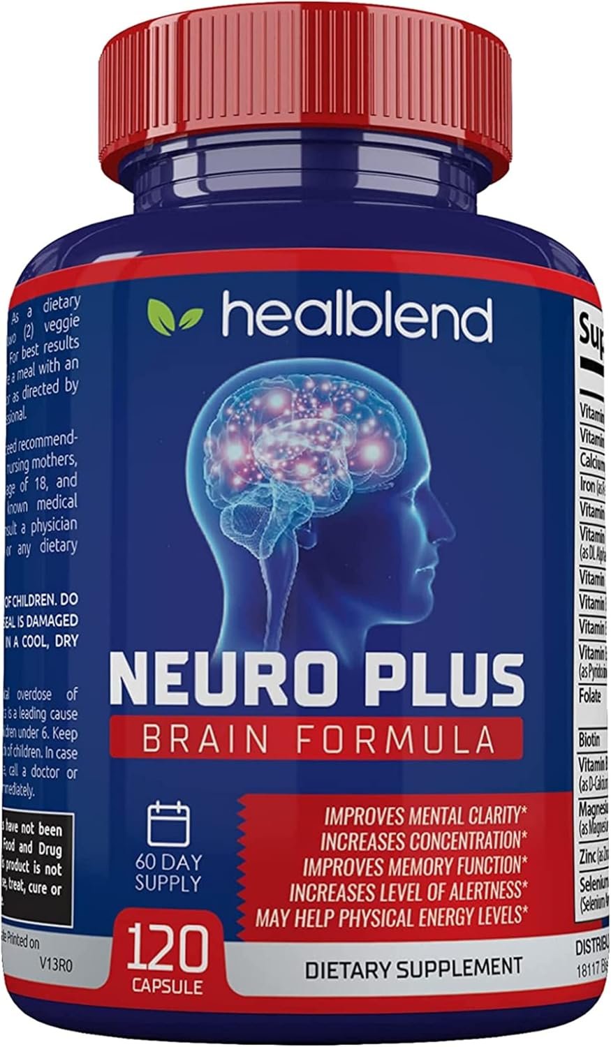 Neuro Plus Brain & Focus Formula – Nootropic Brain Booster Supplement, Supports Brain Health, Mental Clarity & Focus – Enhances Concentration & Mental Energy – 120 Capsules (1)
