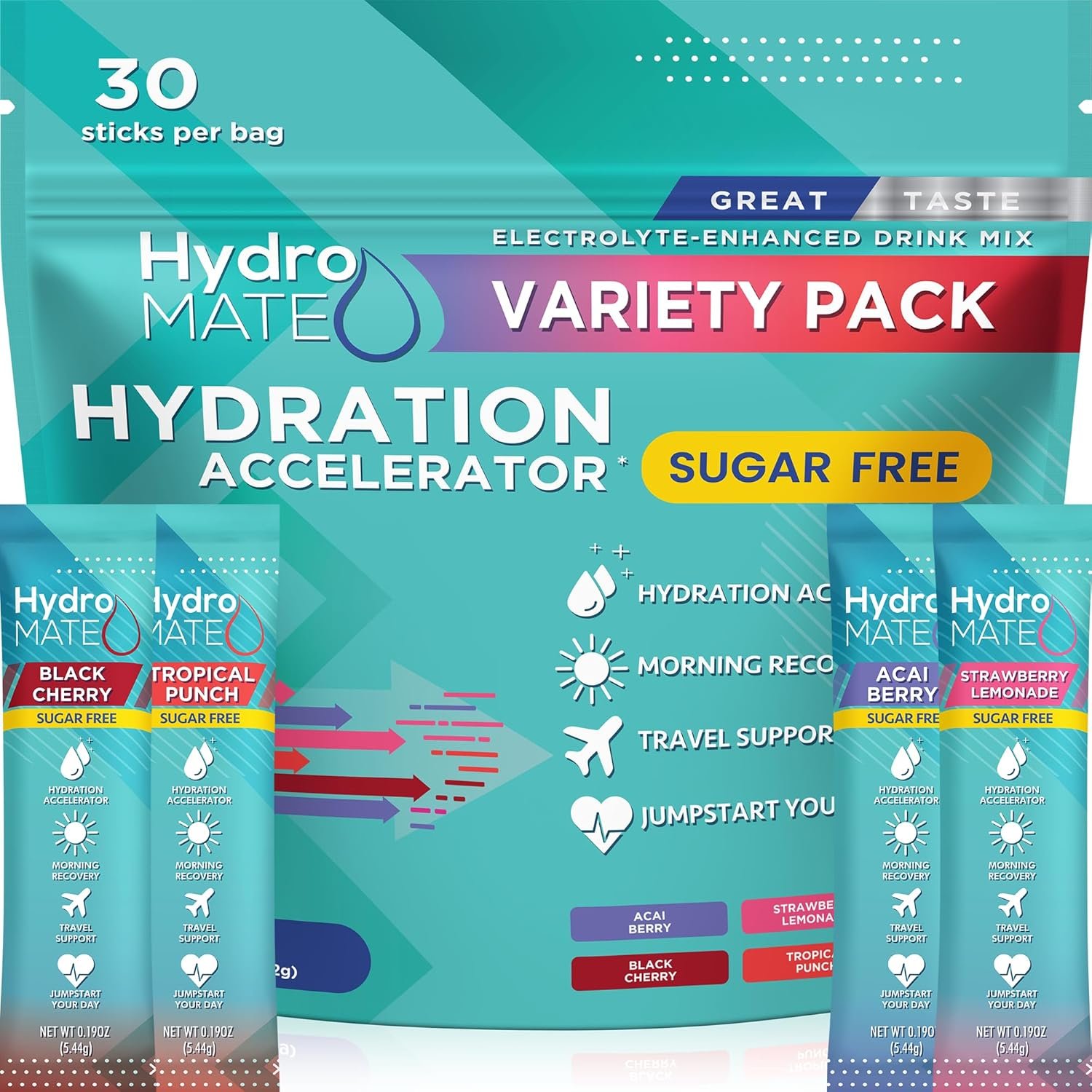 Electrolyte Powder Sugar-Free Hydration Packets Variety Pack HydroMATE 30 Sticks