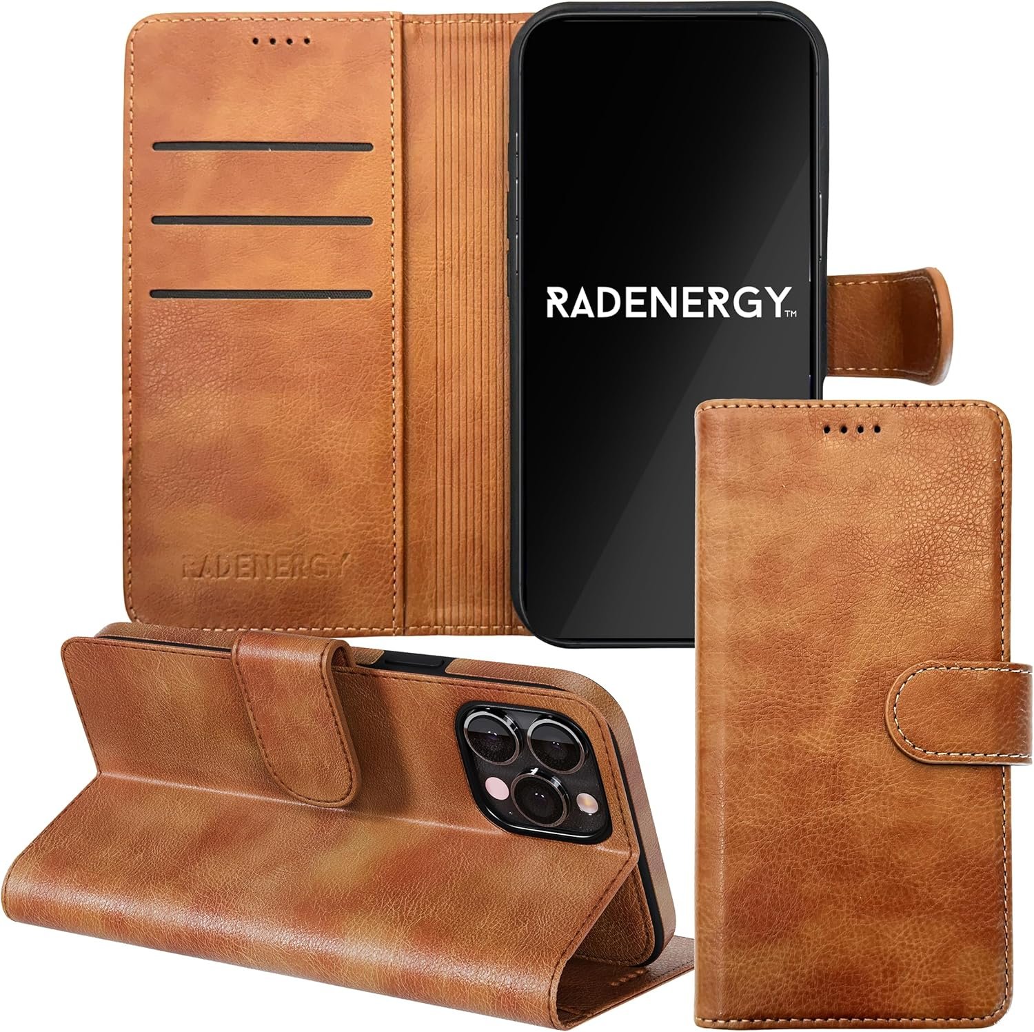EMF Protection Anti Radiation Flip Folio Case for iPhone 13 Pro, Genuine Leather, FCC & NVLAP Lab Tested Up to 99% Radiation Reduction, Wallet Cover w Card Holder & Stand Function, Brown