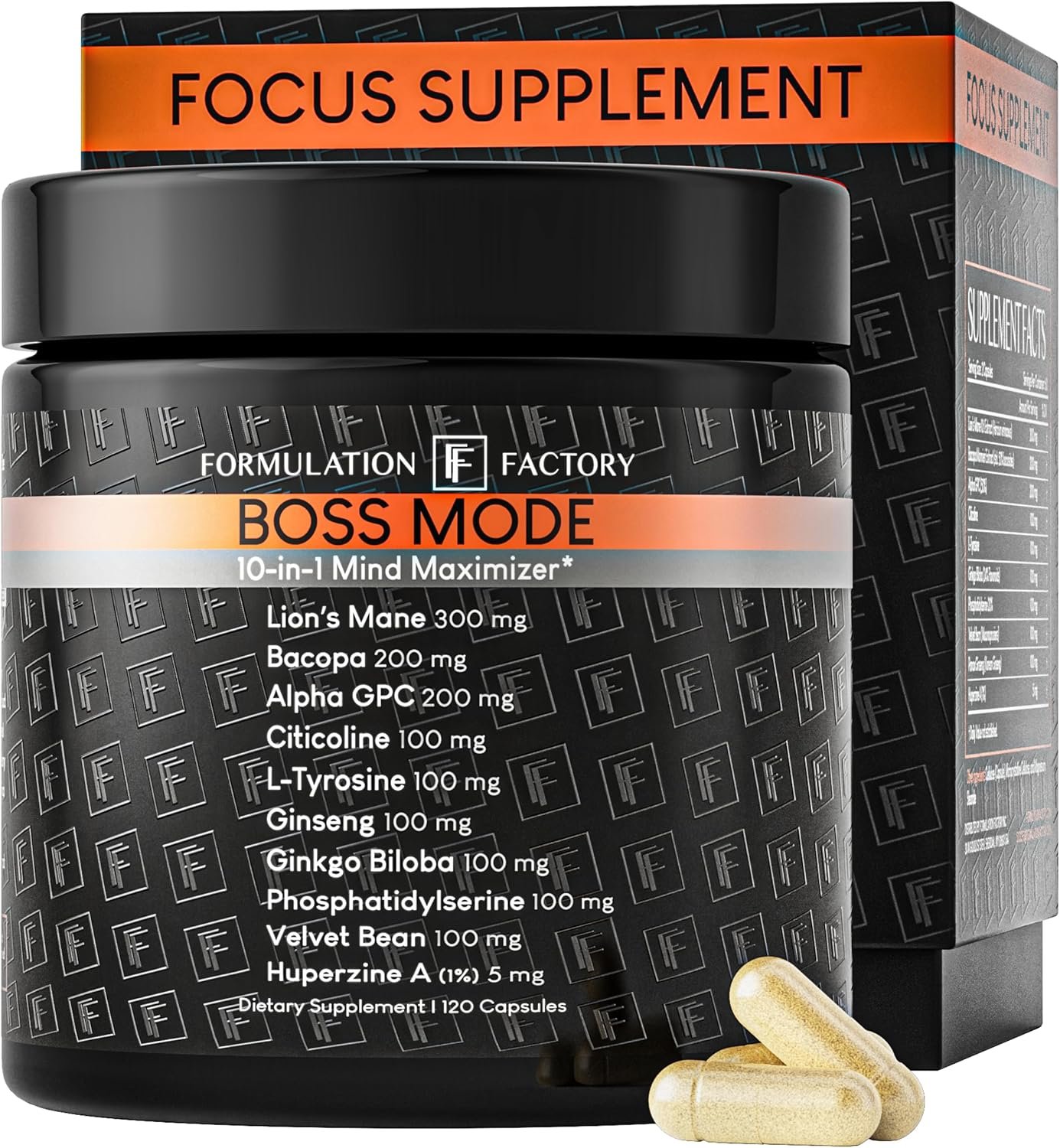 Formulation Factory BOSS Mode 10-in-1 Nootropic Complex with Lion’s Mane, Alpha-GPC, Bacopa Monnieri, Ginkgo Biloba, Rhodiola, Ashwagandha & L-Tyrosine – 120 Capsules