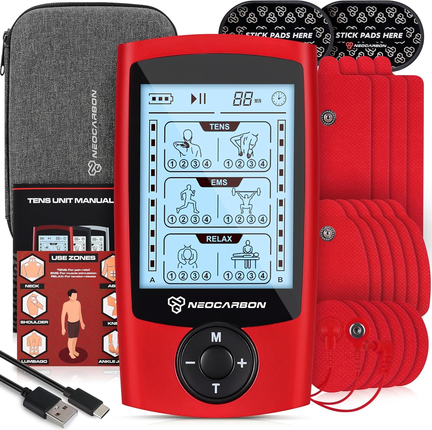 NEOCARBON TENS Unit Muscle Stimulator, EMS Massager Machine for Shoulder, Neck, Sciatica and Back Pain Relief, Electronic Pulse Massage Physical Therapy, Red