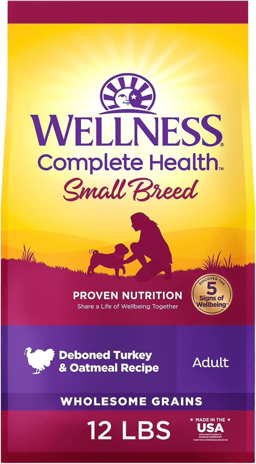 Wellness Complete Health Small Breed Adult Dry Dog Food, Wholesome Grain Kibble, Natural, Turkey and Oatmeal Recipe, 12 lb Bag