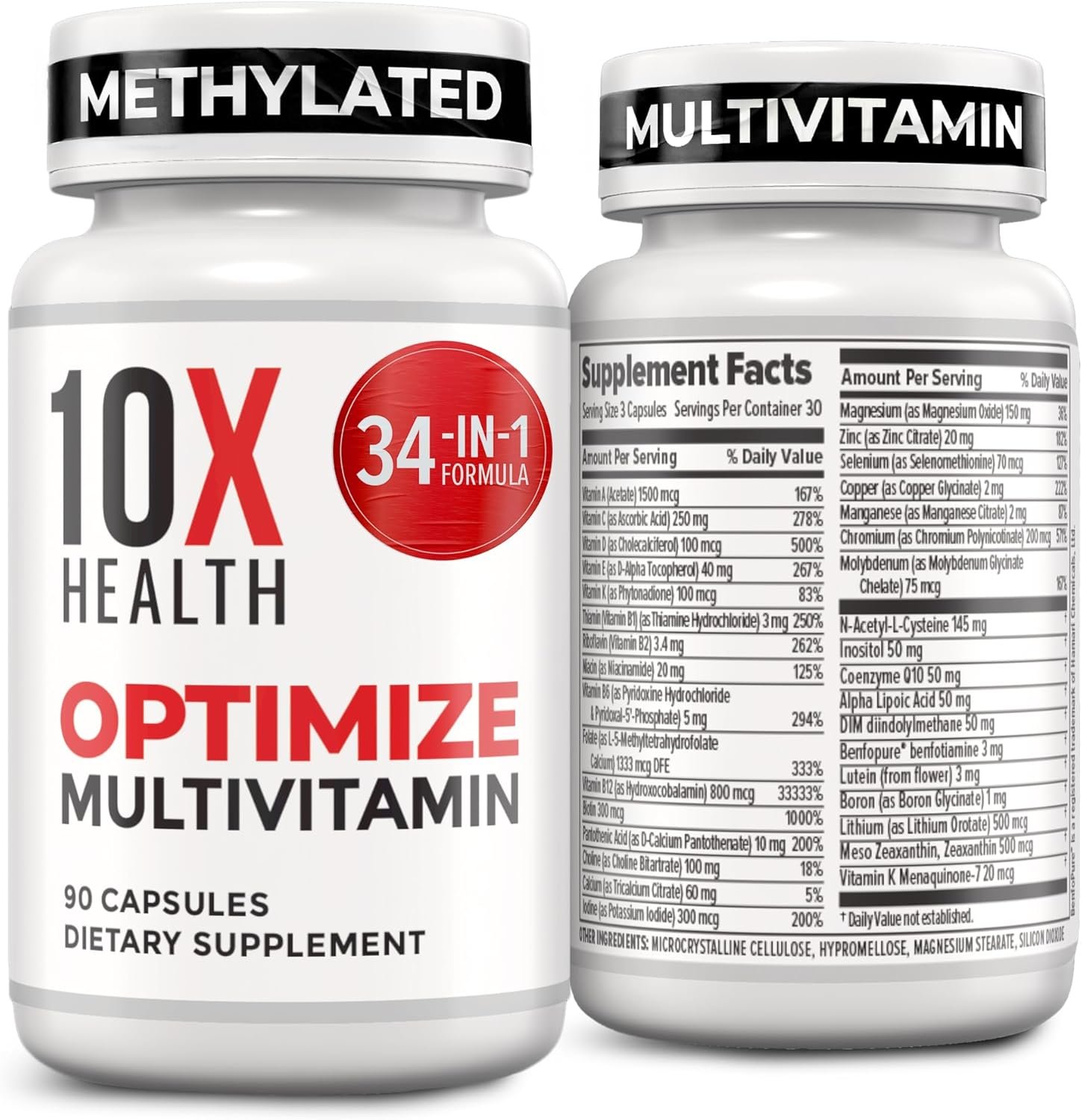 10X Health Optimize Methylated Multivitamin for Men – 90 Capsules, 34 in 1 Formula with 800 mcg of Vitamin B12, 5-MTHF, NAC – Methyl B Complex