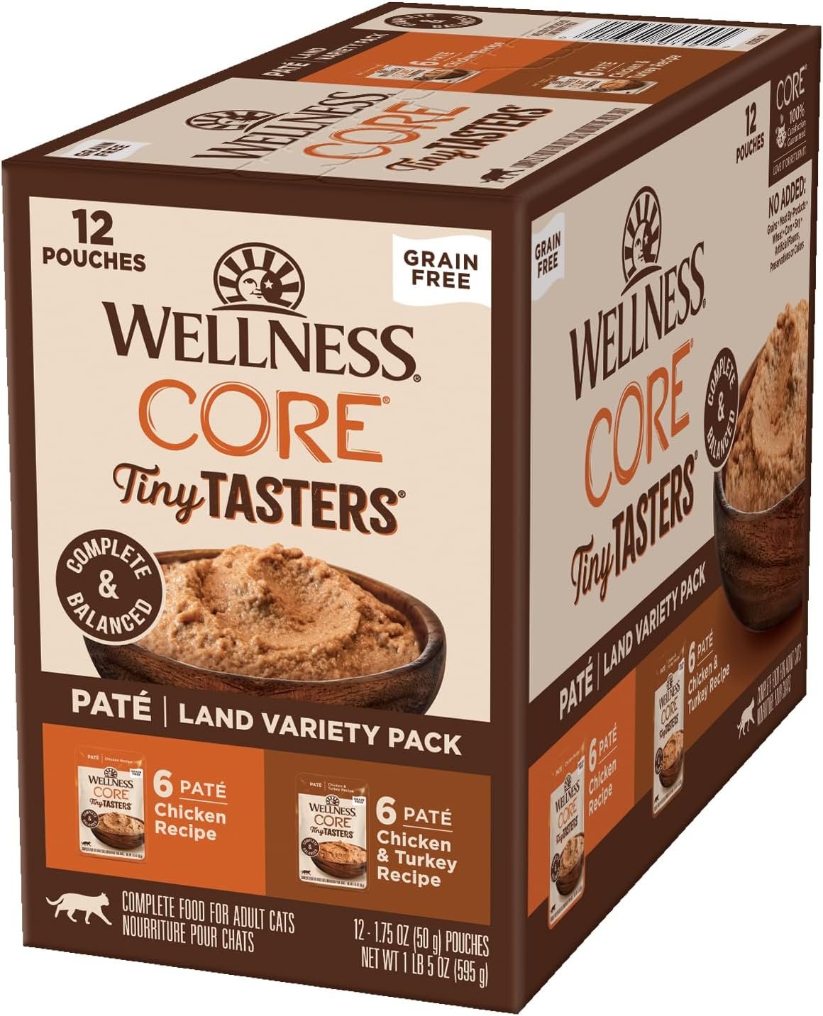 Wellness CORE Tiny Tasters Pate Variety Pack Adult Wet Cat Food, Natural, Protein Rich, Grain Free, Land Recipes, 1.75 oz, Pack of 12 Pouches
